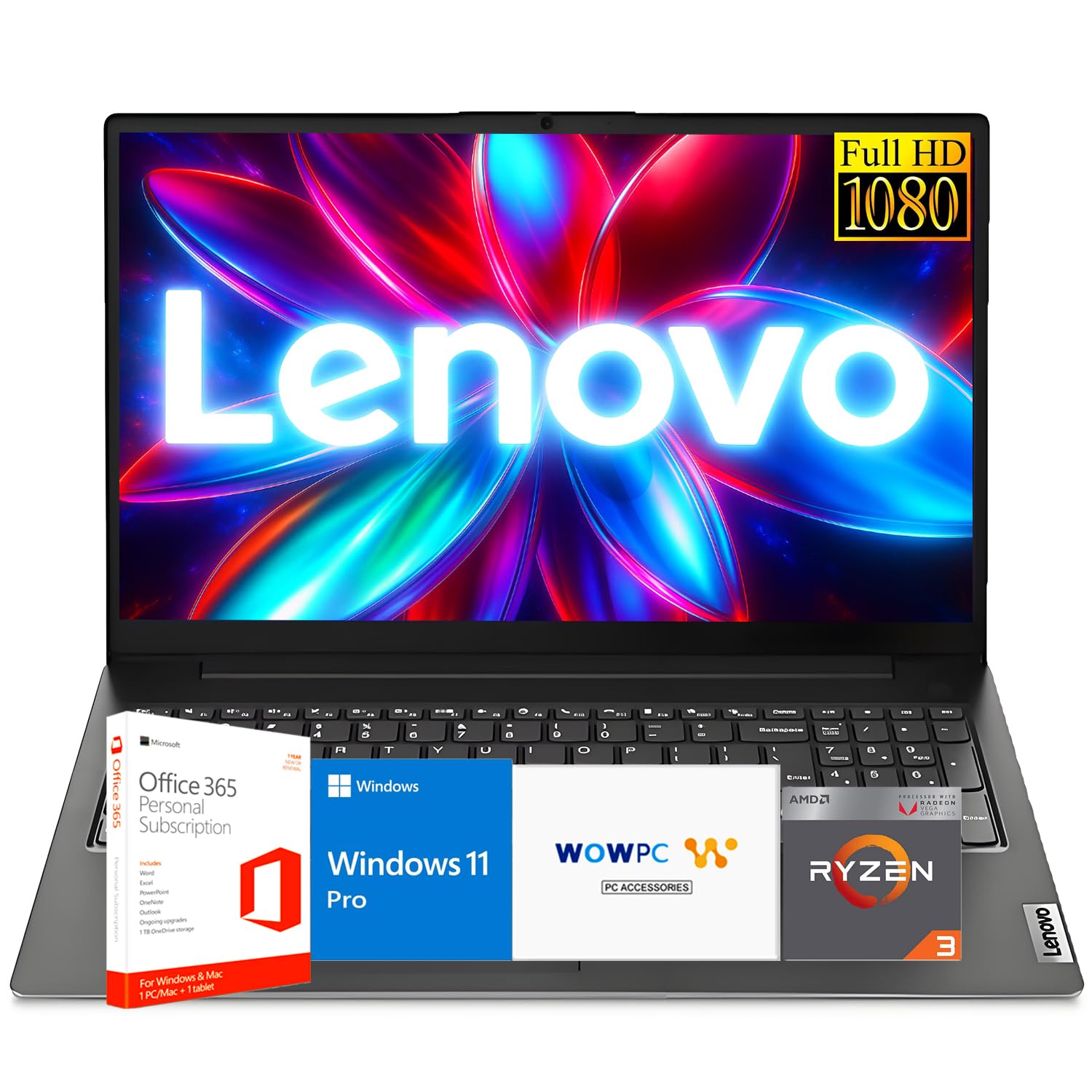 Laptop Lenovo V15 para estudiantes y empresas con Microsoft Office, AMD Ryzen 3 7320U (supera el procesador i7-1065G7), pantalla FHD de 15.6", gráficos Radeon, 16 GB de RAM, SSD de 512 GB, puerto Ethernet RJ-45, WiFi 6, Windows 11 Pro, WOWPC USB