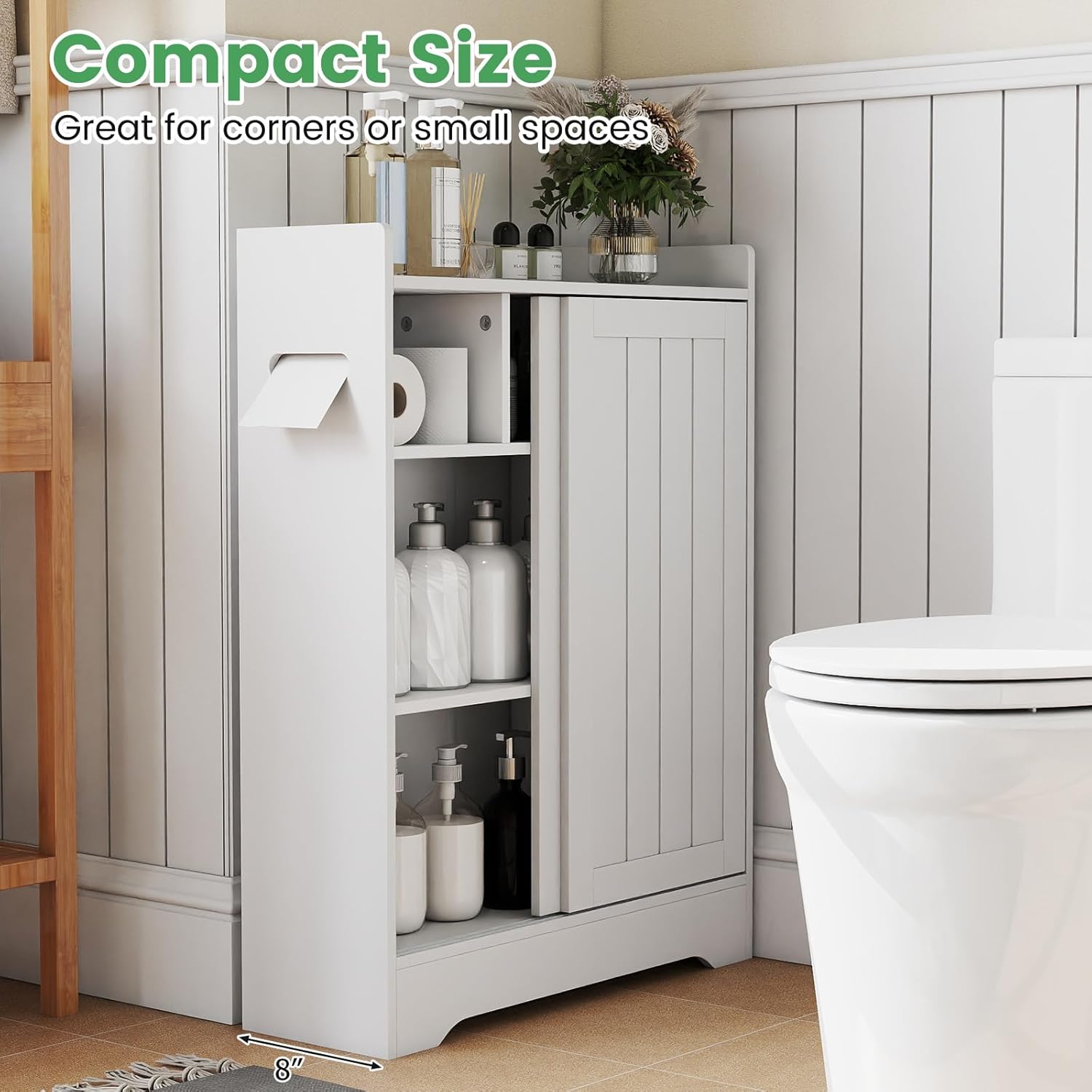 Giantex Bathroom Storage Cabinet, Slim Floor Cabinet w/2 Sliding Doors & Adjustable Shelves, Next to Toilet Storage Organizer w/Toilet Paper Holders & Brush Compartment for Small Space (White)