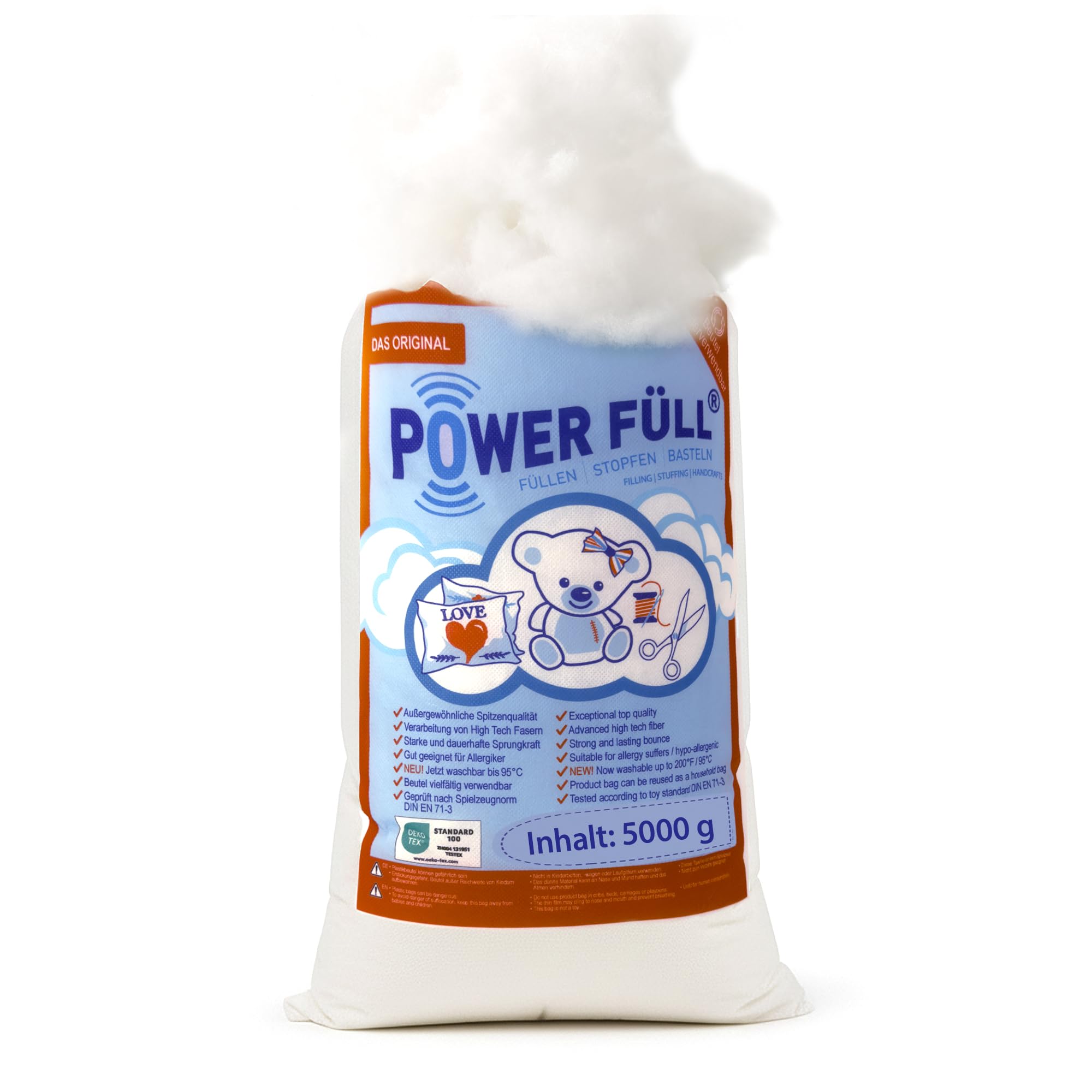 Füllwatte Power Füll 5kg 5x 1KG 5KG Ökotex antiallergisch waschbar 95°C hochflauschig Kissenfüllung Bastelwatte Füllmaterial Stopfmaterial