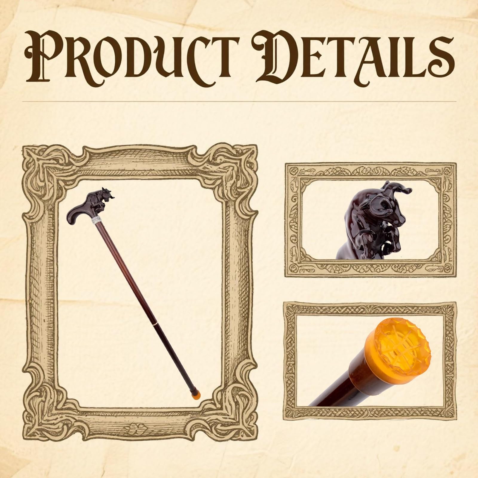 Bastón de Madera Maciza con Cabeza de Toro, Bastón de Moda de Doble Articulación, Bastón Decorativo para Fiestas de Cosplay, Báculo de Halloween de 36,22 Pulgadas