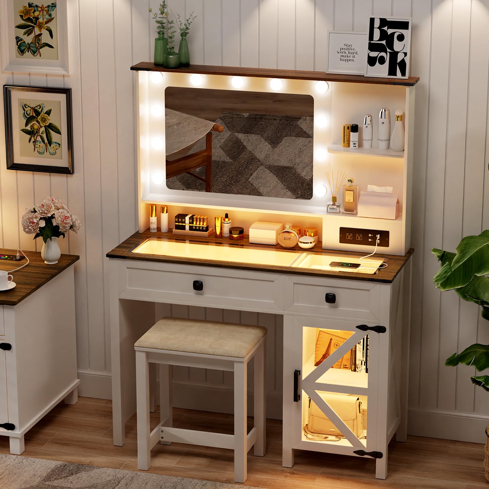 Farmhouse Makeup Vanity Desk with Mirror and Lights, 42" Glass Top Vanity with Charging Station, Rustic Vanity Table Set with 2 Drawers & Shelves & Cabinet, Dressing Table for Bedroom, White
