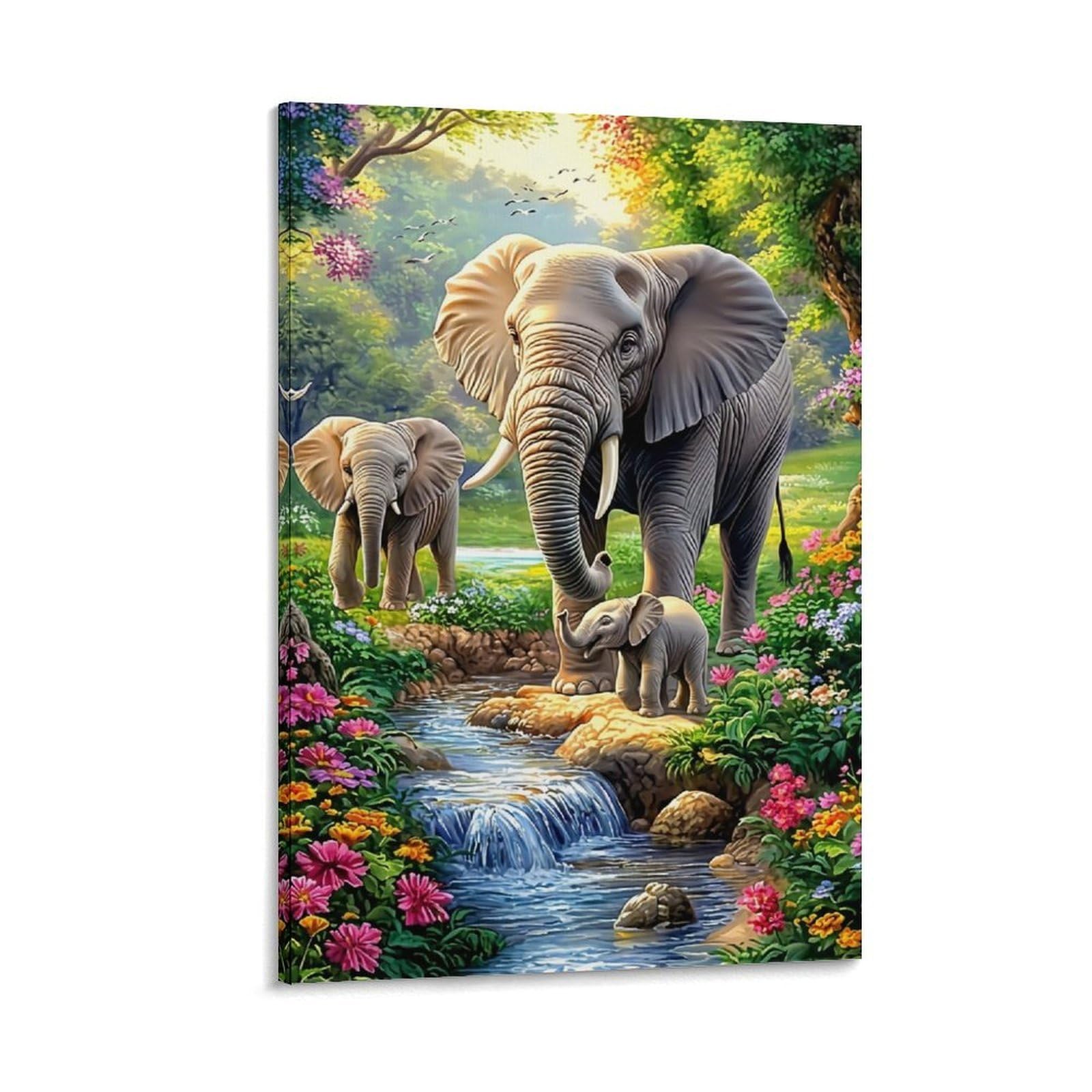 DHBANEIOK Elephant Family Scene Wall Decor Poster Giclee Canvas Prints Modern Wall Art Picture Wall Hanging for Bedroom Living Room Decor 24x36inch(60x90cm)