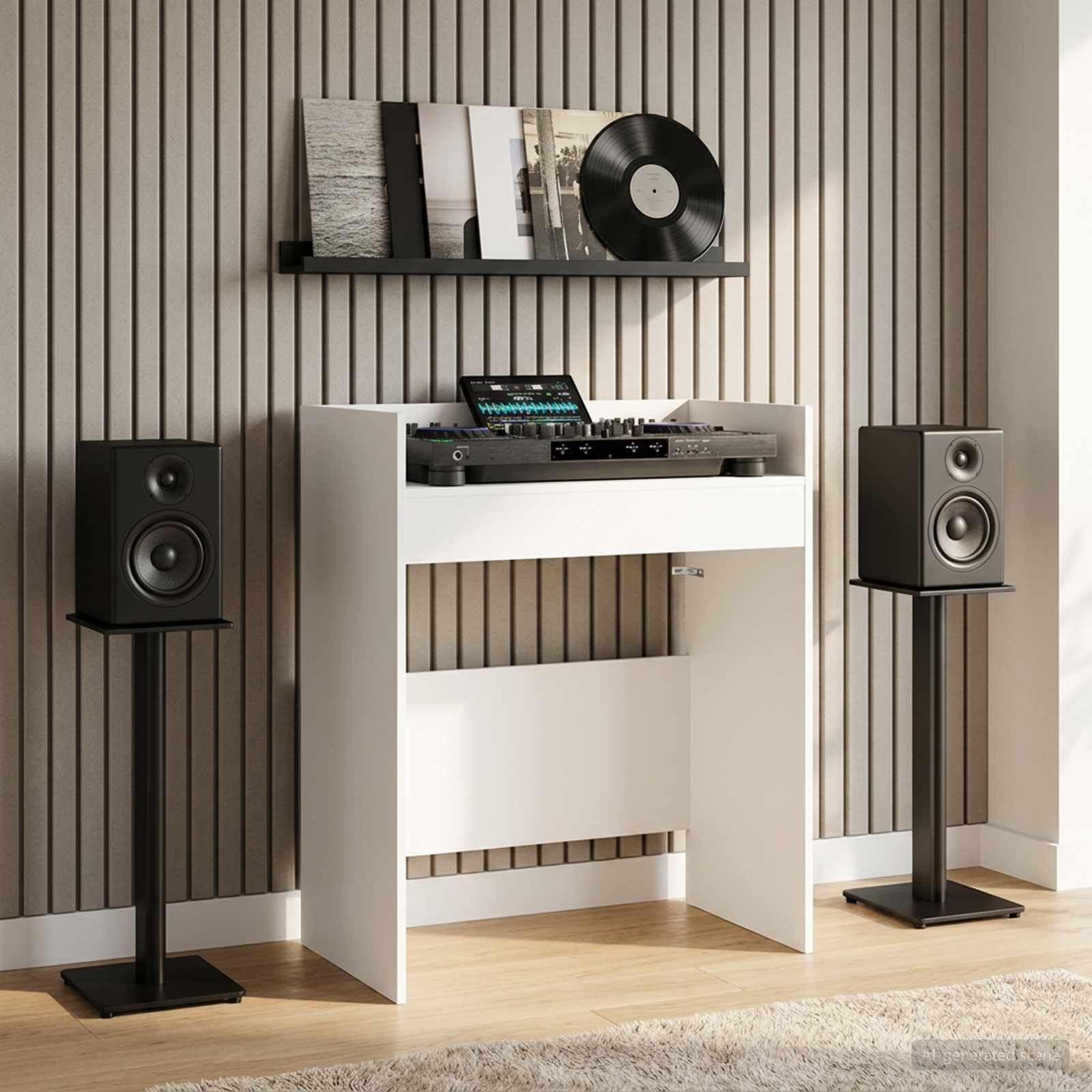 vidaXL Tavolo da DJ bianco, 82 x 45 x 102 cm, in legno di ingegneria, tavolo DJ a forma di U, spazio moderno ed ergonomico, attrezzatura audio multifunzionale, stazione professionale