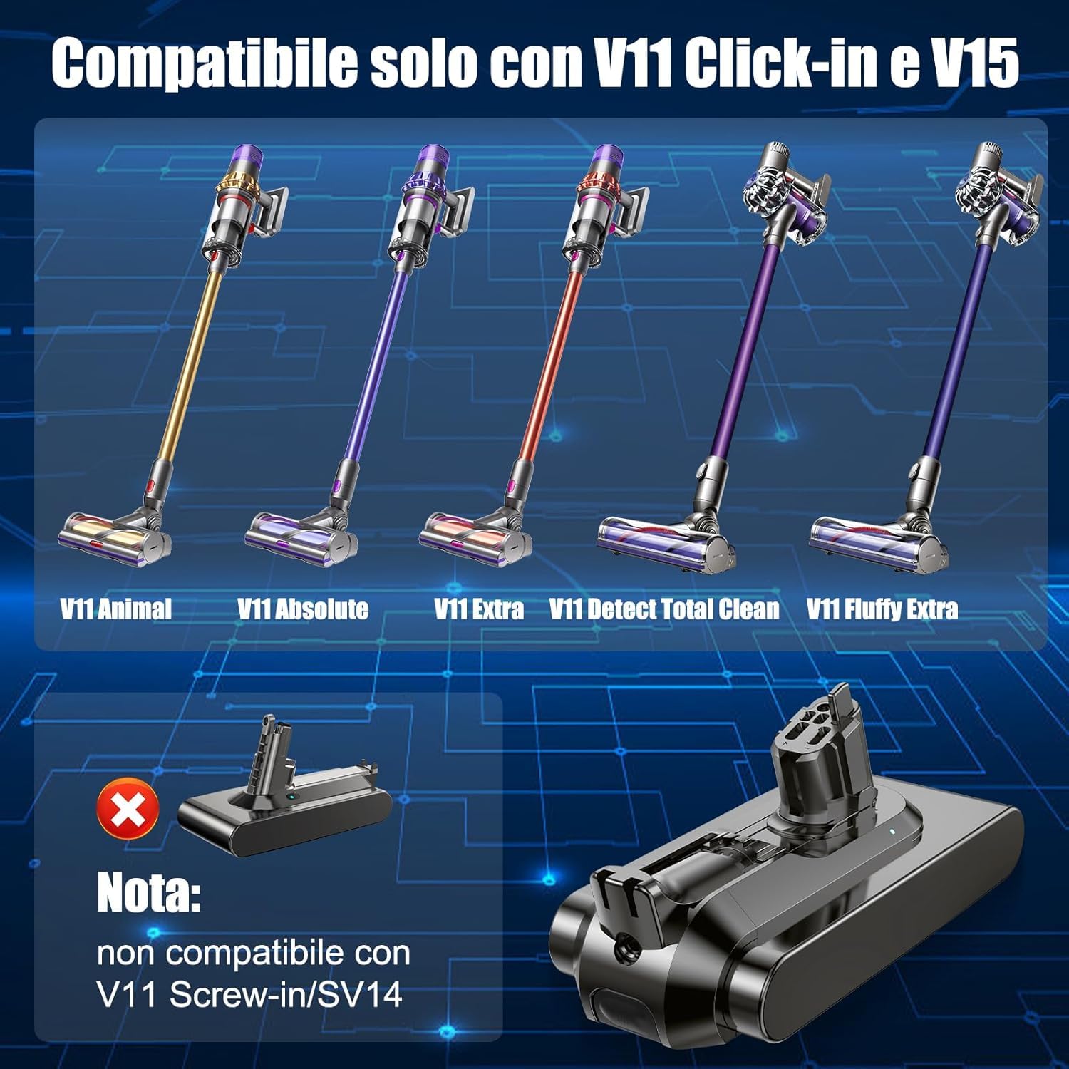 V11 Batteria per Dyson V11, V15 Batteria Compatibile con aspirapolvere V11C (tipo pulsante) V15 SV15 SV16 SV22 SV28 (Non per V11 tipo vite)