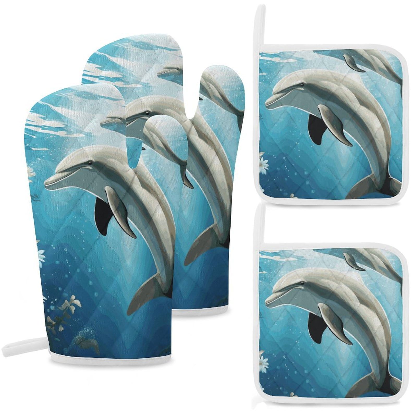 Kiss Dolphin Tale Oven Mitts and Pot Holders Sets Heat Resistant Oven Glove with Hanging Loop for Baking Cooking BBQ Thicken Potholders for Kitchen