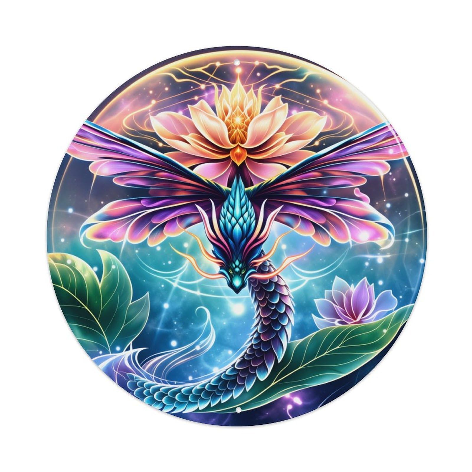 Fantasy Dragon Lotus Wings Cosmic Round Tin Sign Vintage Metal Poster Retro Bar, Home, Man Cave, Kitchen, Laundry Room Wall Art Decor Gift 8x8Inch