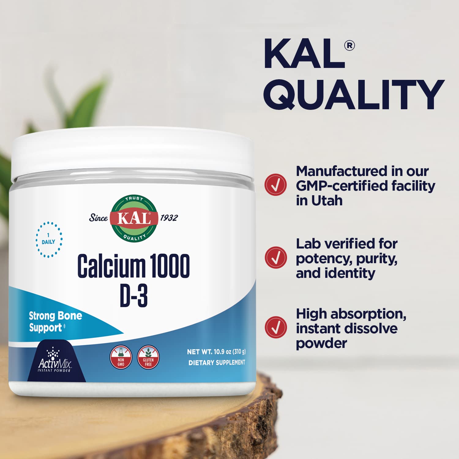KAL Calcium Vitamin D-3 ActivMix, Powder Calcium Supplement, Bioavailable Calcium Lactate and Gluconate, Bone Health Support, Unflavored, Non-GMO, Gluten Free, 60-Day Guarantee, 31 Servings, 10.9 oz — Amazon image 4