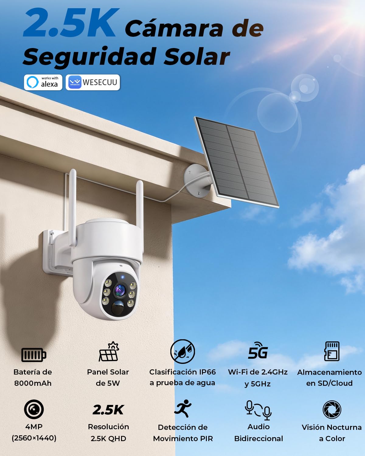 WESECUU Cámara Vigilancia WiFi Exterior Solar Inalámbrica 2.5K 4MP con Panel Solar 5W, Batería 8000mAh, WiFi 2,4 y 5GHz, PTZ 360°, Seguimiento Automático, IP66, Grabación 24H