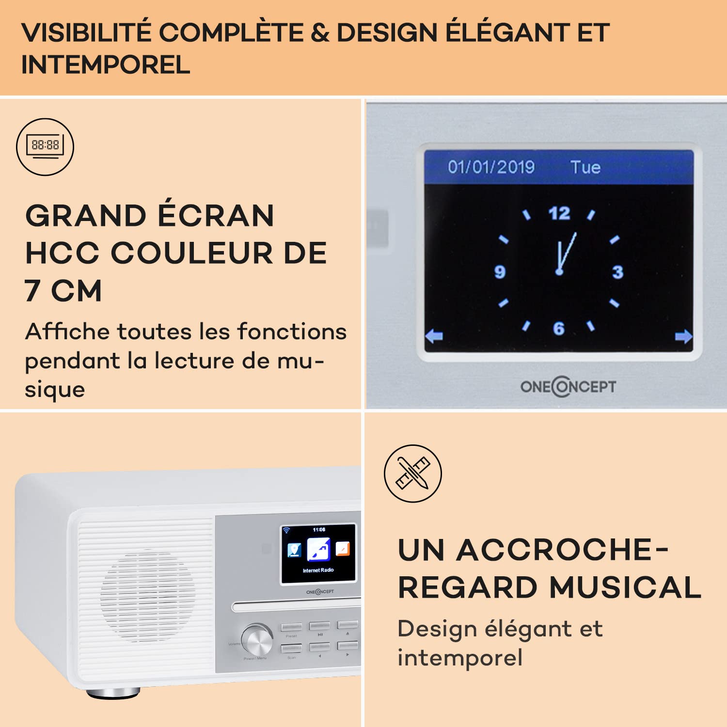 Oneconcept Radio Portable CD, Chaine HiFi, Poste Radio Numérique Dab/Dab+/FM et Streaming, Radio Portables Stéréo, Écran HCC, Radio FM, MP3, AUX, Alarme de Réveil, Télécommande, Alimentée au Secteur