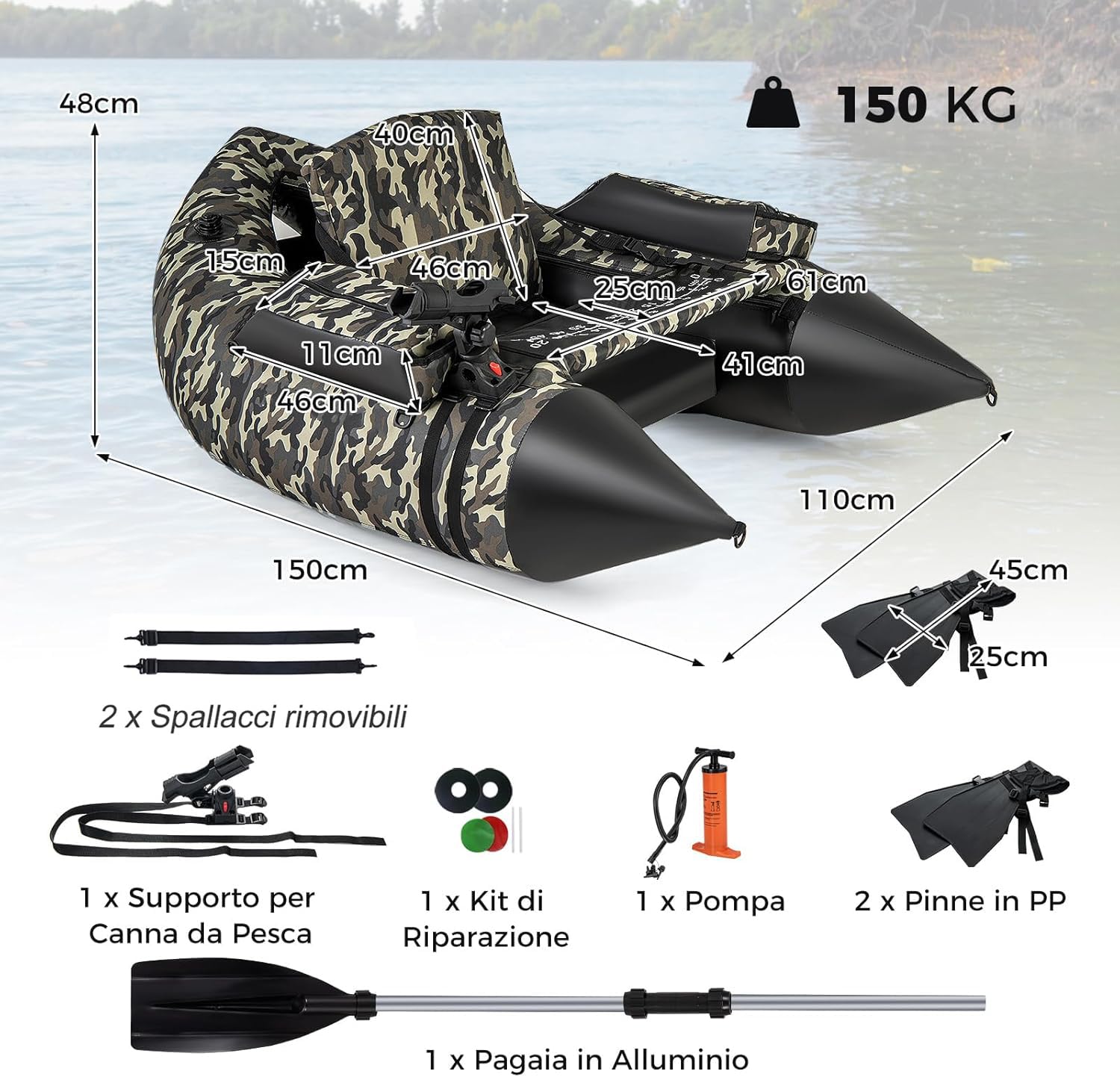 COSTWAY Belly Boat da Pesca Portatile, Gommone Gonfiabile da Pesca con Portacanne Regolabile, Pompa, Pagaia, Spallacci e Kit Riparazione, Barca da Mare con 2 Pinne, capacità 150 kg
