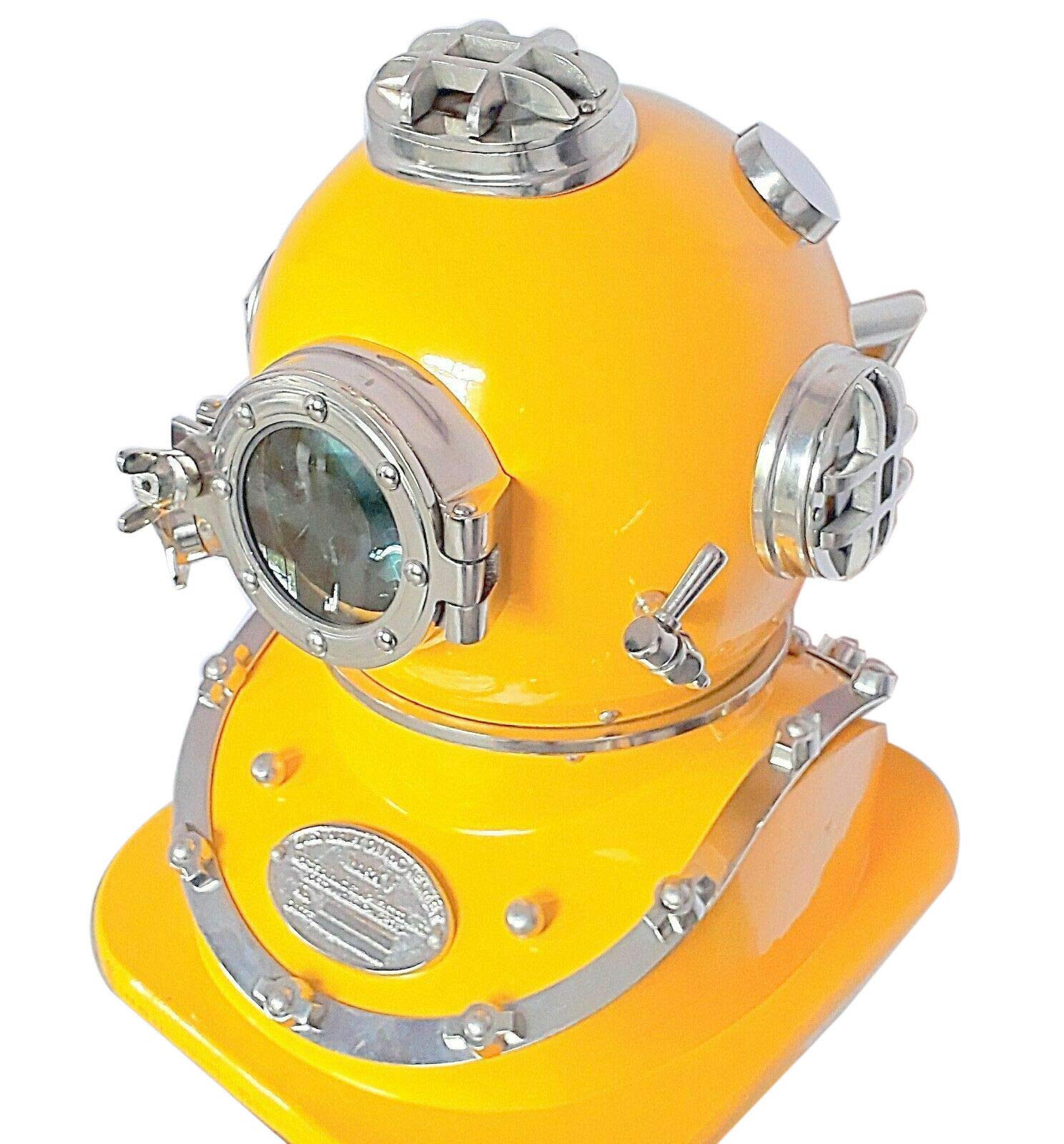 Retro Reproduction Antique Vintage Yellow Diver Diving Helmet with Wooden Stand 18