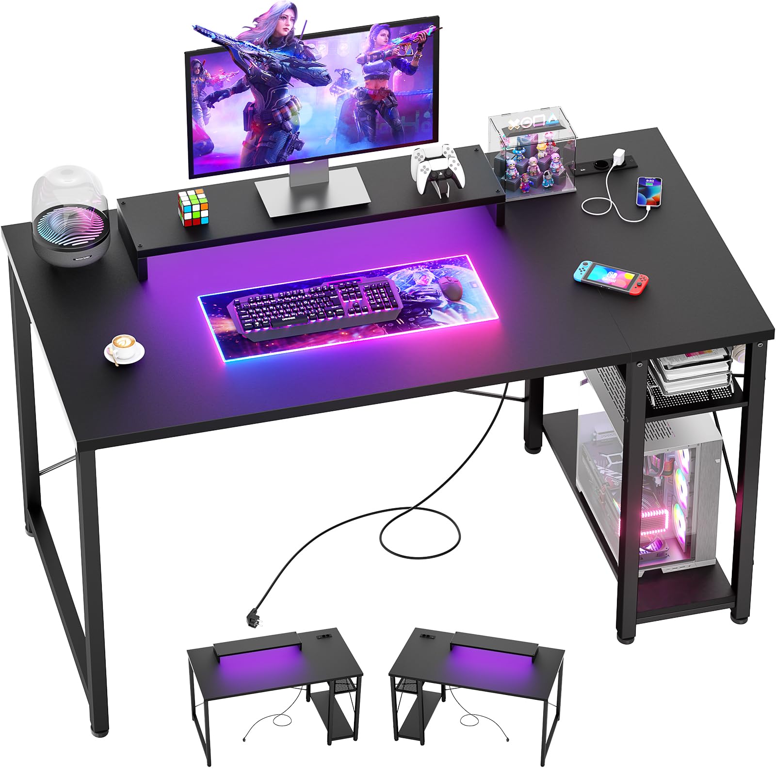 iSunirm Gaming Schreibtisch 100x50cm Schwarz mit LED & 2 Steckdosen + 2 USB, Computertisch mit Monitorständer, Wendbarer Kleiner Tisch für Homeoffice & Gaming Room