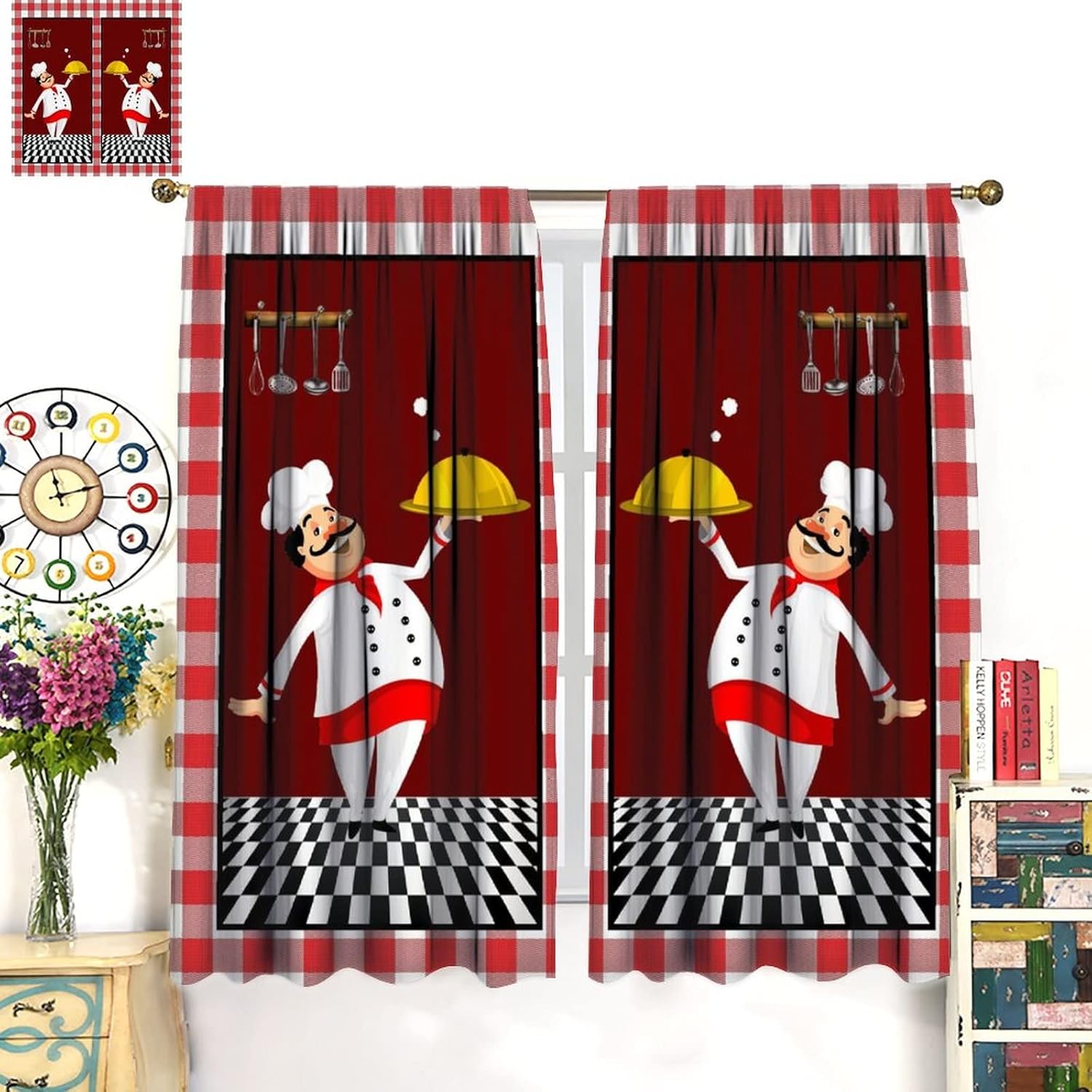 Kitchen Chef Tier Curtains, Cute Cartoon Chef Gourmet Knife Fork Red Black Check Plaid Rod Pocket for Bedroom Living Room Studio Dorm Curtain Window Curtain 2 Panels 42x45 Inch