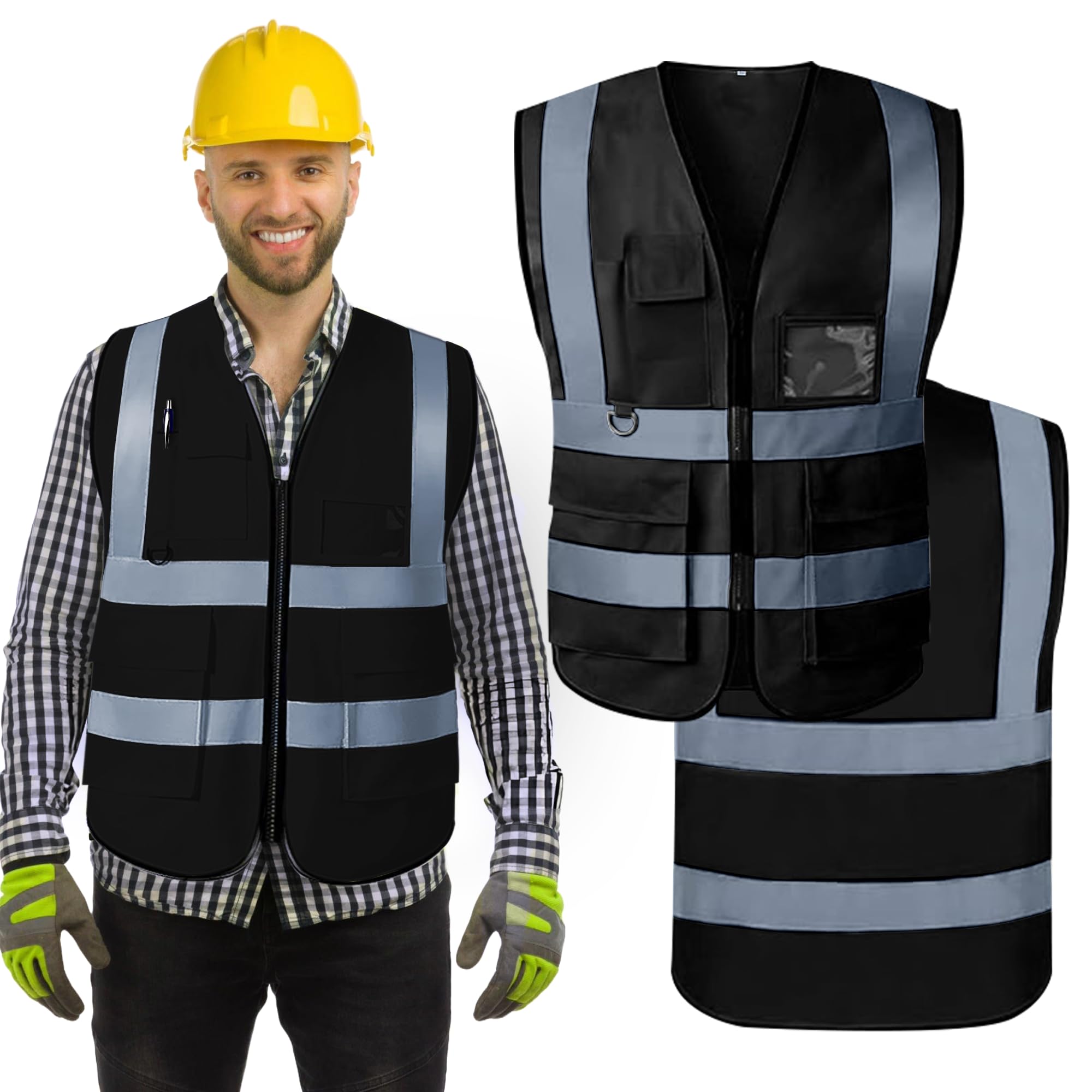 Wraplyft Hi Visibility Custom Safety Work Vest for Men and Women | Vest with Zipper Front and Multi Function Pockets - 360° Reflective Coverage with 2-Inch Reflective Tapes - (Black,S)
