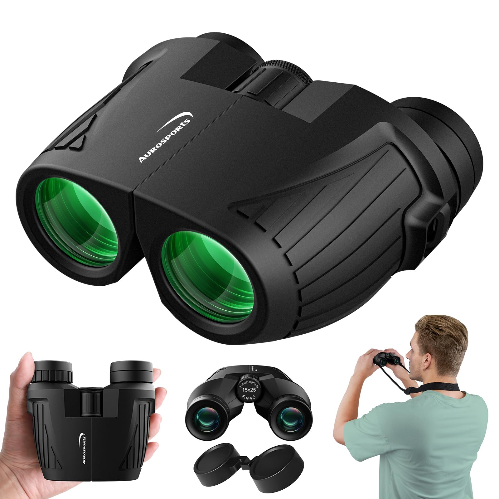 Aurosports 15X25 Kompaktes Fernglas für Erwachsene Kinder HD Fernglas Jagd | Einfacher Fokus, Ferngläser Ideal für Vogelbeobachtung, Reisen Jagd, Konzerte, Camping, Theater, Sportüberwachung, Schwarz