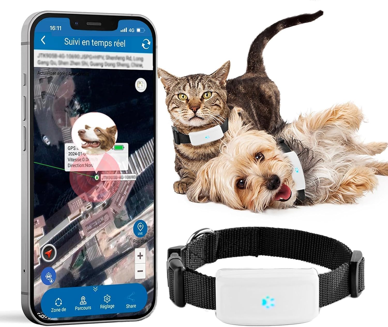 Zeerkeer Localizador GPS Perros y Gatos con App y Collar para Mascotas | Localización en Tiempo Real, Historial 180 Días, Geovalla, IP66, Batería 500 mAh, SOS, Avisos por SMS, Uso Web