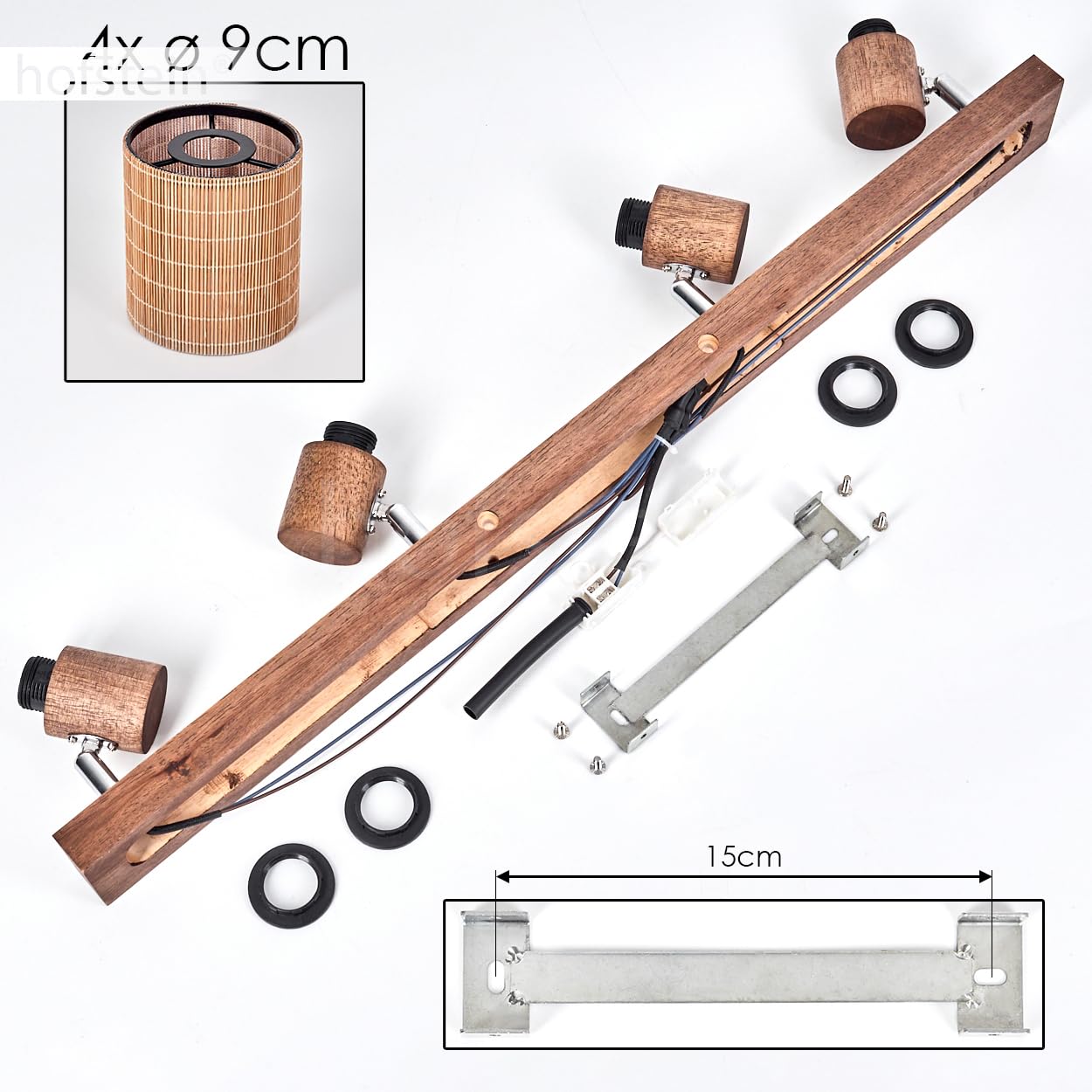 Plafoniera Kinnared, lampada da soffitto moderna in legno/metallo/bambù in marrone scuro/cromato/naturale, lampada a 4 luci in design scandinavo con faretti regolabili, 4 x E14, senza lampadine