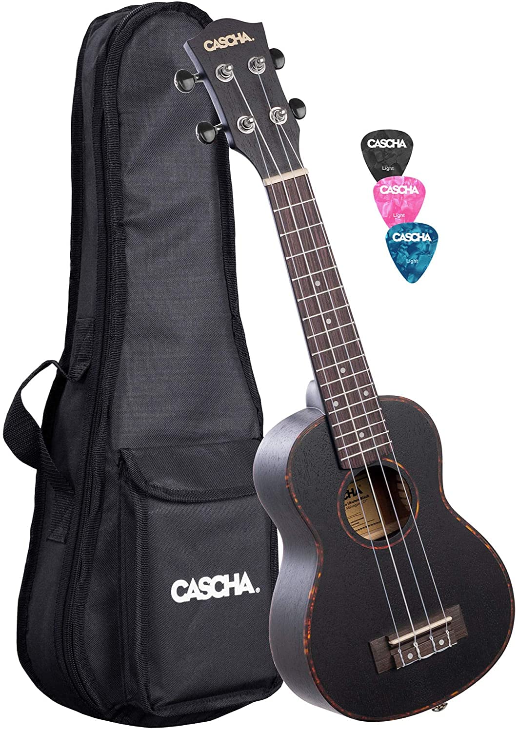 Cascha, ukulele soprano, nero, mogano, set di 3 plettri colorati, custodia per ukulele soprano, ukulele di alta qualità, in mogano, nero, piccola chitarra hawaiana per principianti avanzati