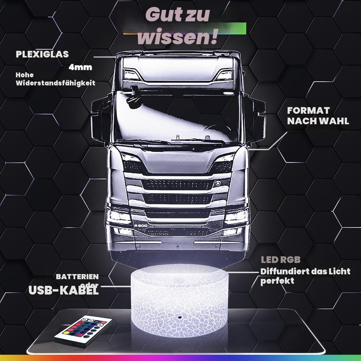 Lampephoto.fr - Lastkraftwagen Truck IV. 3D Lampe, Touch Nachtlicht, LKW-Fahrer Geschenk, 3D Led Illusion Geschenkidee Weihnachten Geburtstag Junge, Dekoration Kinder und Erwachsenenzimmer TOP