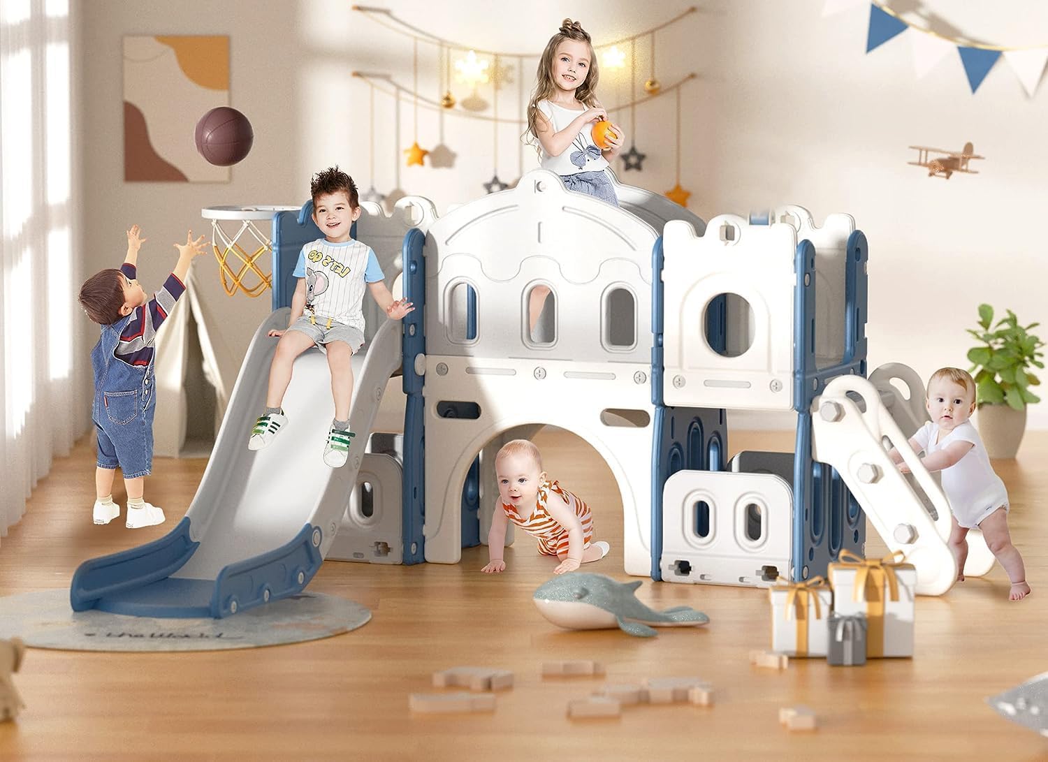 RBW TOYS Slide for kids 7 in 1 Toddler Slide & Swing for kids, Large Kids Slide with Long Aisle, Climber, Basketball Hoop, Tunnel, and Storage Space, Playset for Toddlers