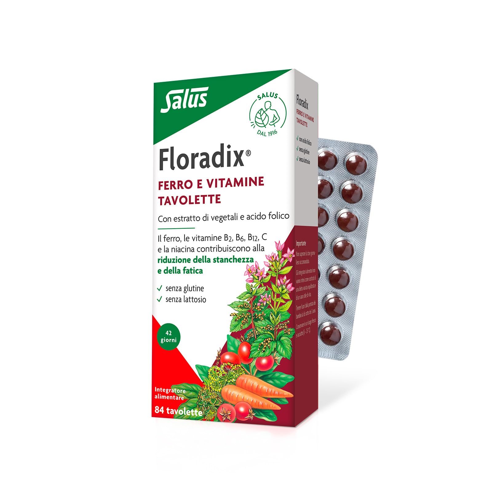 Salus Floradix - Integratore alimentare con Ferro e Vitamine per contribuire a ridurre la stanchezza e la fatica - 84 tavolette x 42 giorni