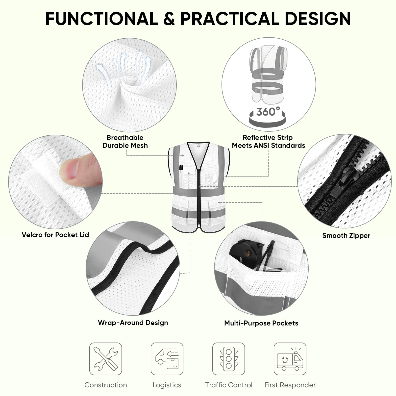 TICONN Lot de 2 gilets de sécurité réfléchissants (blanc, M, blanc), taille M, blanc, M