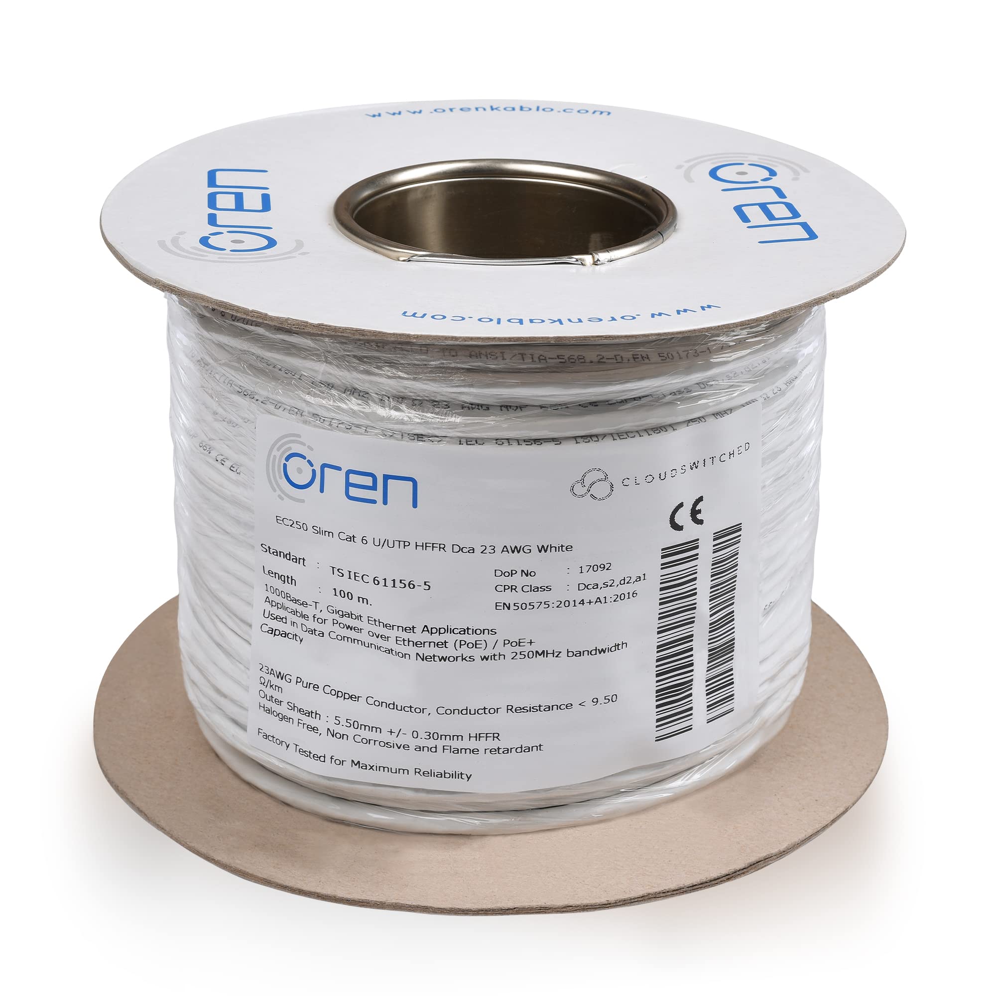 Oren Câble Ethernet CAT6 100m - Fin - Fil de cuivre pur 23 AWG - Bande passante 250 MHz - Câble réseau LAN Internet UTP - Sans halogène, non corrosif - Câble Ethernet Gigabit haut débit - Blanc