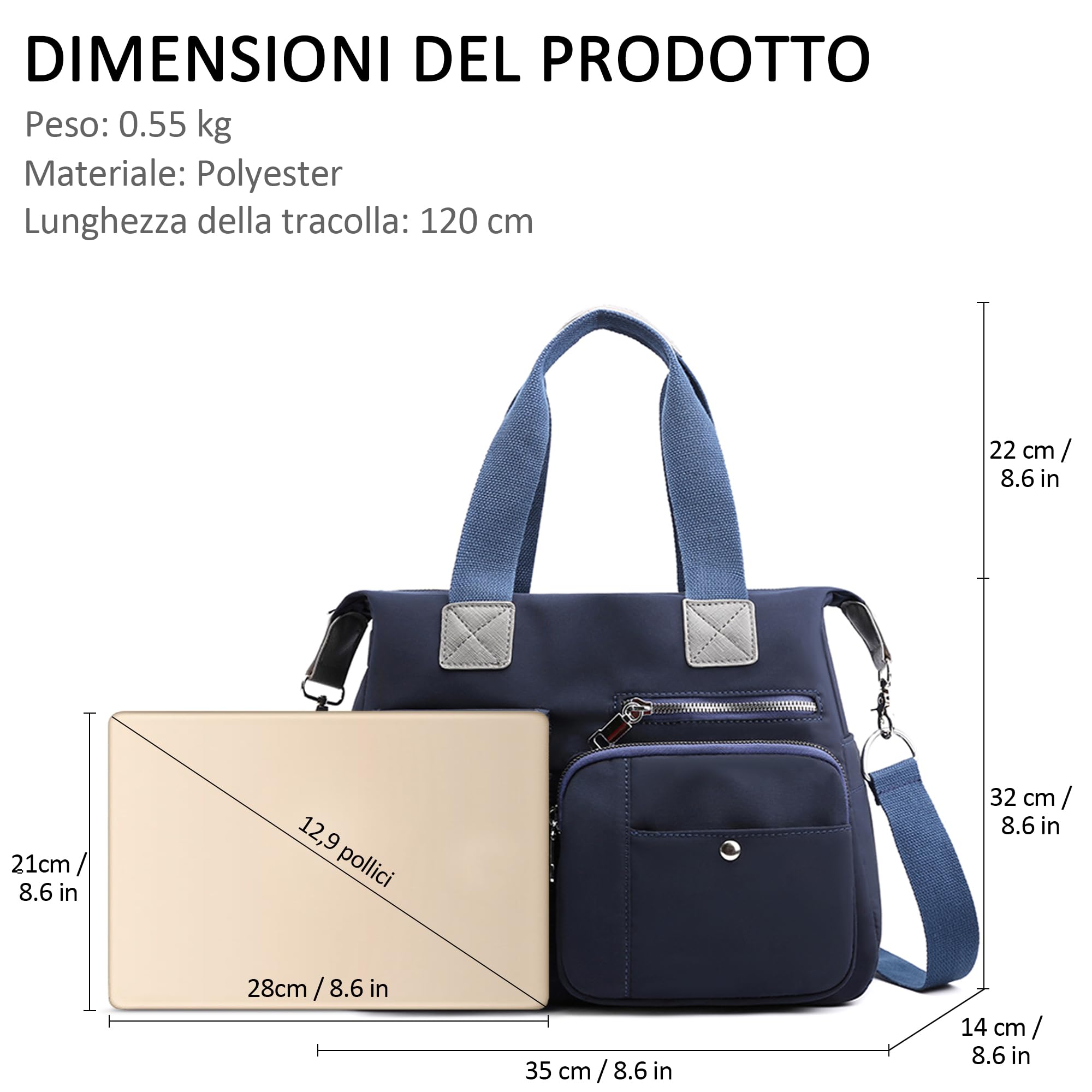 Borsa Donna Grande, Borsa a Spalla e Tracolla Multitasche Impermeabile, Shopper Leggera per Lavoro, Viaggio, Shopping e Uso Quotidiano Blu