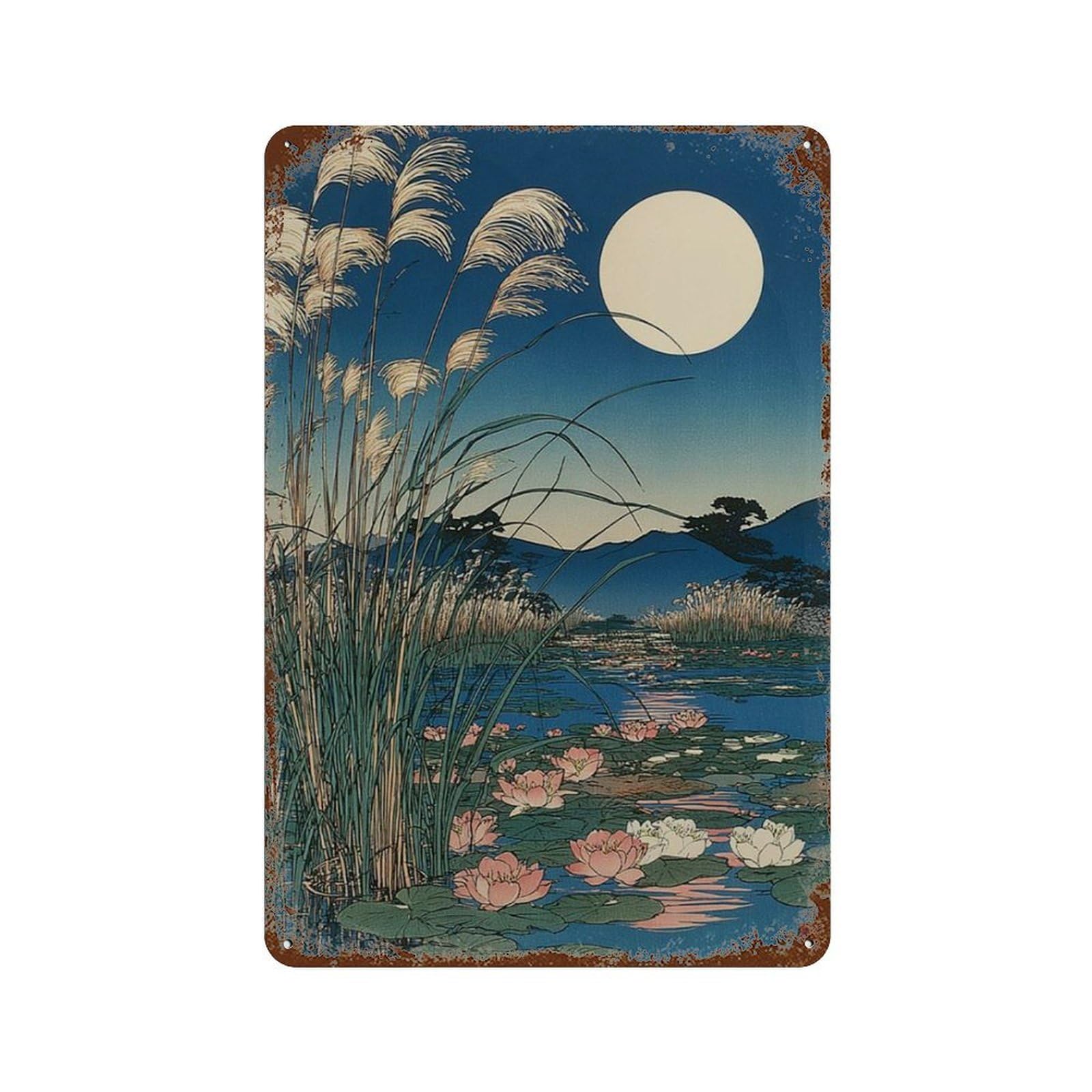 xiaoxiaoshen Moonlit Iris Flower Japanese Landscape With Lake And Full Moon Traditional Asian Wall Decor Art Metal Tin Poster Modern Home Decor Art Home Bar Shop Decorations Vintage Sign 30x20cm