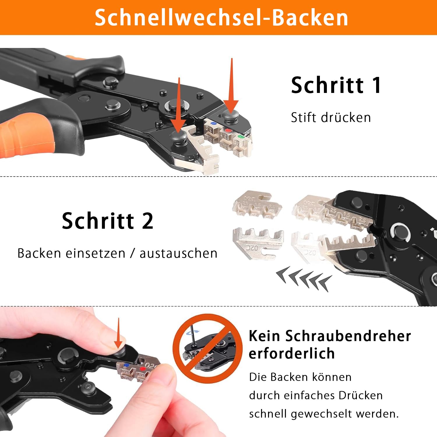 KF CPTEC Crimpzangen-Set, 6-teilig, für Koaxialkabel | Wechselbacken für isolierte und unisolierte Kabelschuhe, Aderendhülsen und Solarstecker
