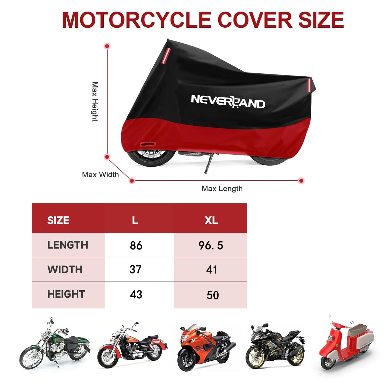 NEVERLAND Funda impermeable para motocicleta 300D para exteriores, protección universal para todas las estaciones, con reflectante nocturno, agujeros de bloqueo, bolsa de almacenamiento (hasta 96