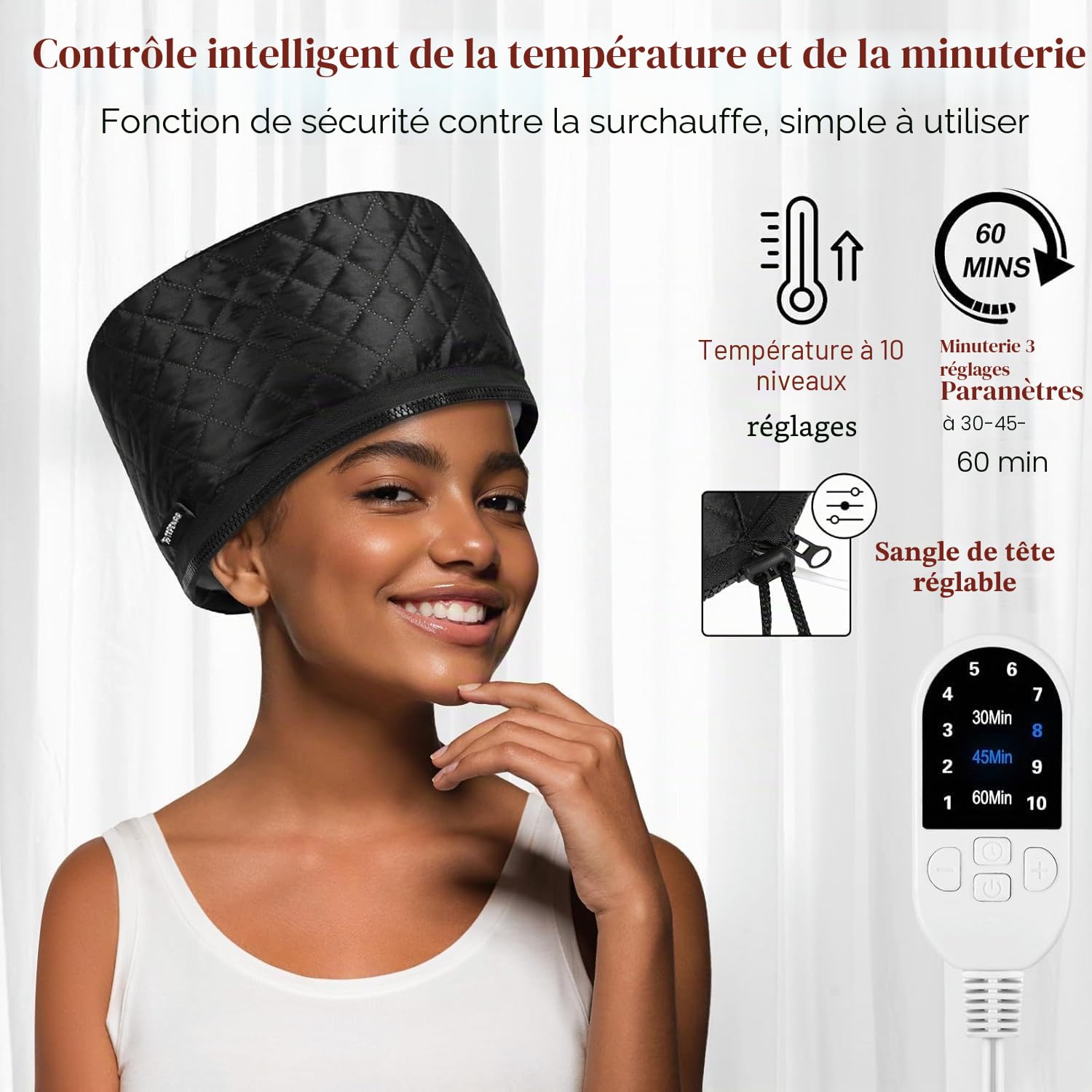 TEPENAR Bonnet vapeur professionnel avec 10 niveaux de chauffage et 3 minuteries - Capuchon chauffant électrique pour soins intensifs des cheveux naturels et afro - Hotte chaude portable pour la