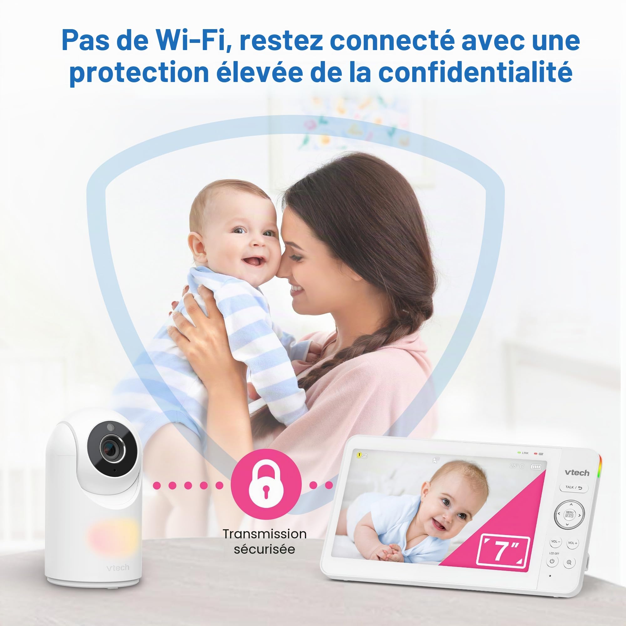VTech VM7467 Moniteur pour bébé avec écran LCD 7", Zoom inclinable panoramique à Distance, Vue Grand Angle de 178°, Sons apaisants et berceuses, veilleuse Multicolore, Conversation bidirectionnelle,