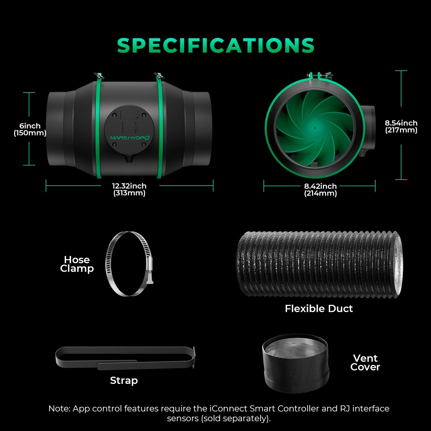 MARS HYDRO iFresh Ventilatore Assiale 6 Pollici Combo, Regolatore di Velocità, Filtro al Carbonio e Duttatura, Controllo APP tramite iConnect , Sistema di Raffreddamento e Ventilazione per Grow Tent