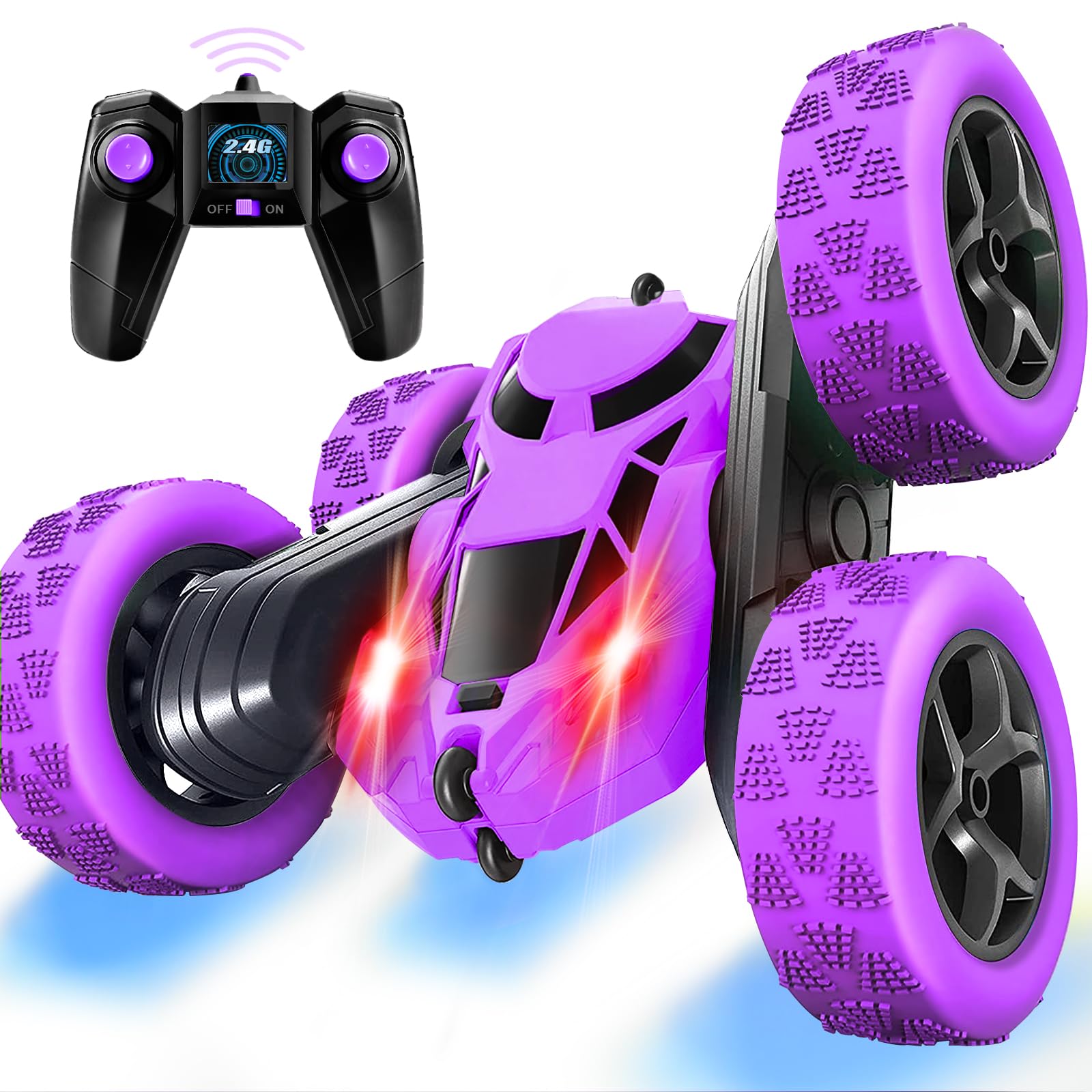 MidiVix Ferngesteuertes Auto, 90 Min Spielzeit, 2.4Ghz Doppelseitig 360° drehbare RC Stunt Crawler mit Scheinwerfern, 4WD Off Road Drift RC Auto Spielzeug Geschenke für Jungen 6-12 Lila