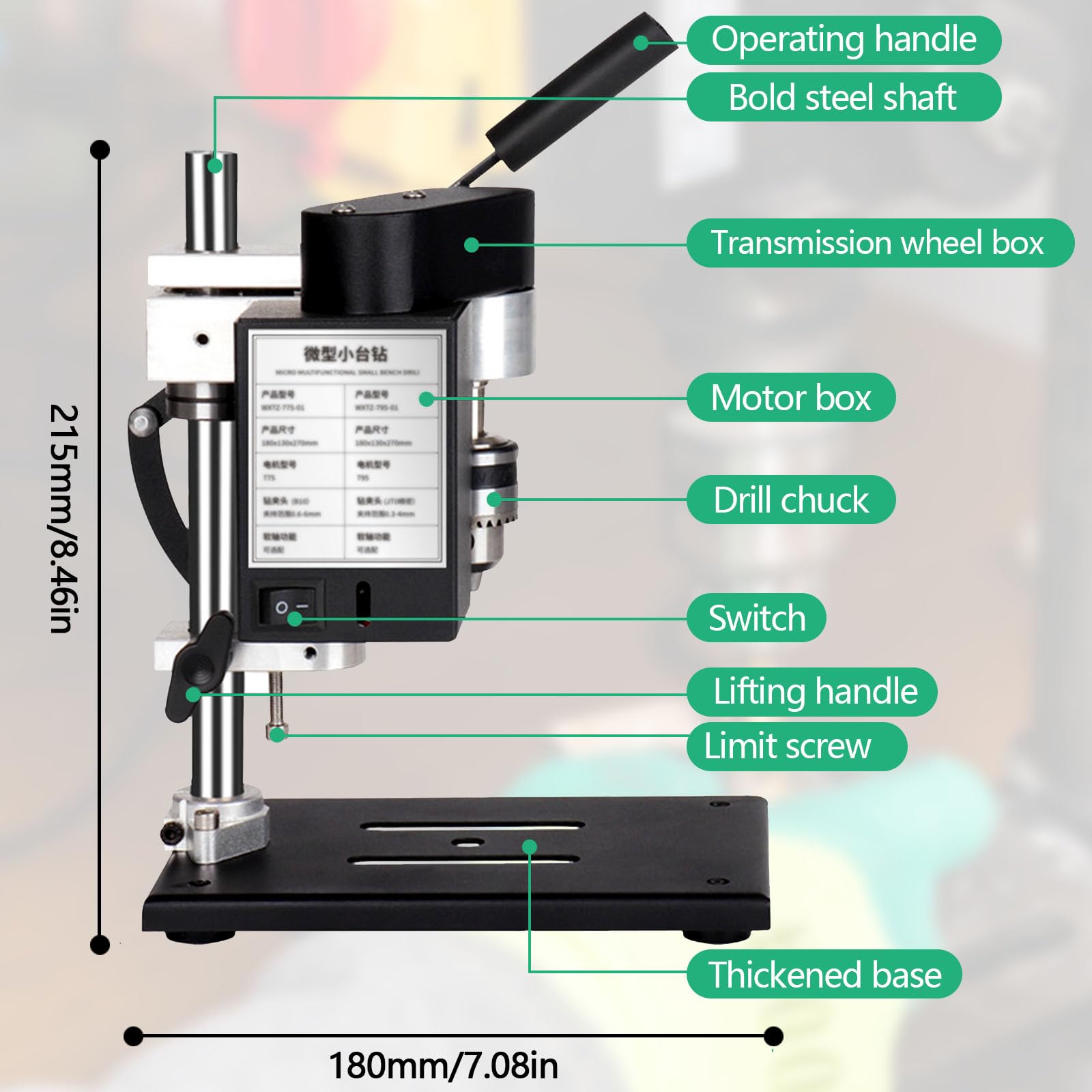 Trapano A Colonna, 250W Mini Trapano Banco Supporto Per Trapano Mandrino Trapano Velocità Regolabile 7 Velocità Con Una Portata 0,3-4MM Regolazione In Altezza 50MM Per Metallo Legno Acrilico Alluminio
