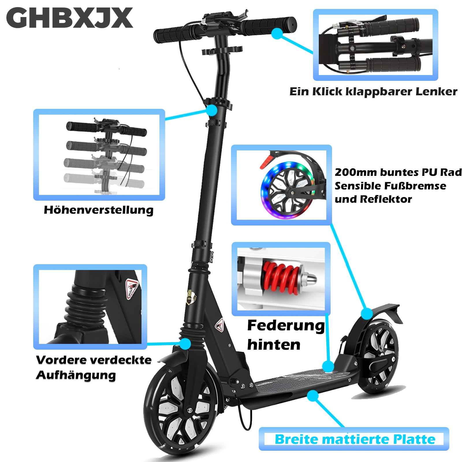 Big Wheel Scooter City Roller Kickscooter für Erwachsene klappbar LED 200mm,150KG Cityroller mit Handbremse, Tretroller Kinder Mädchen Jungen Teenager, Kickscooter Kinder Scooter