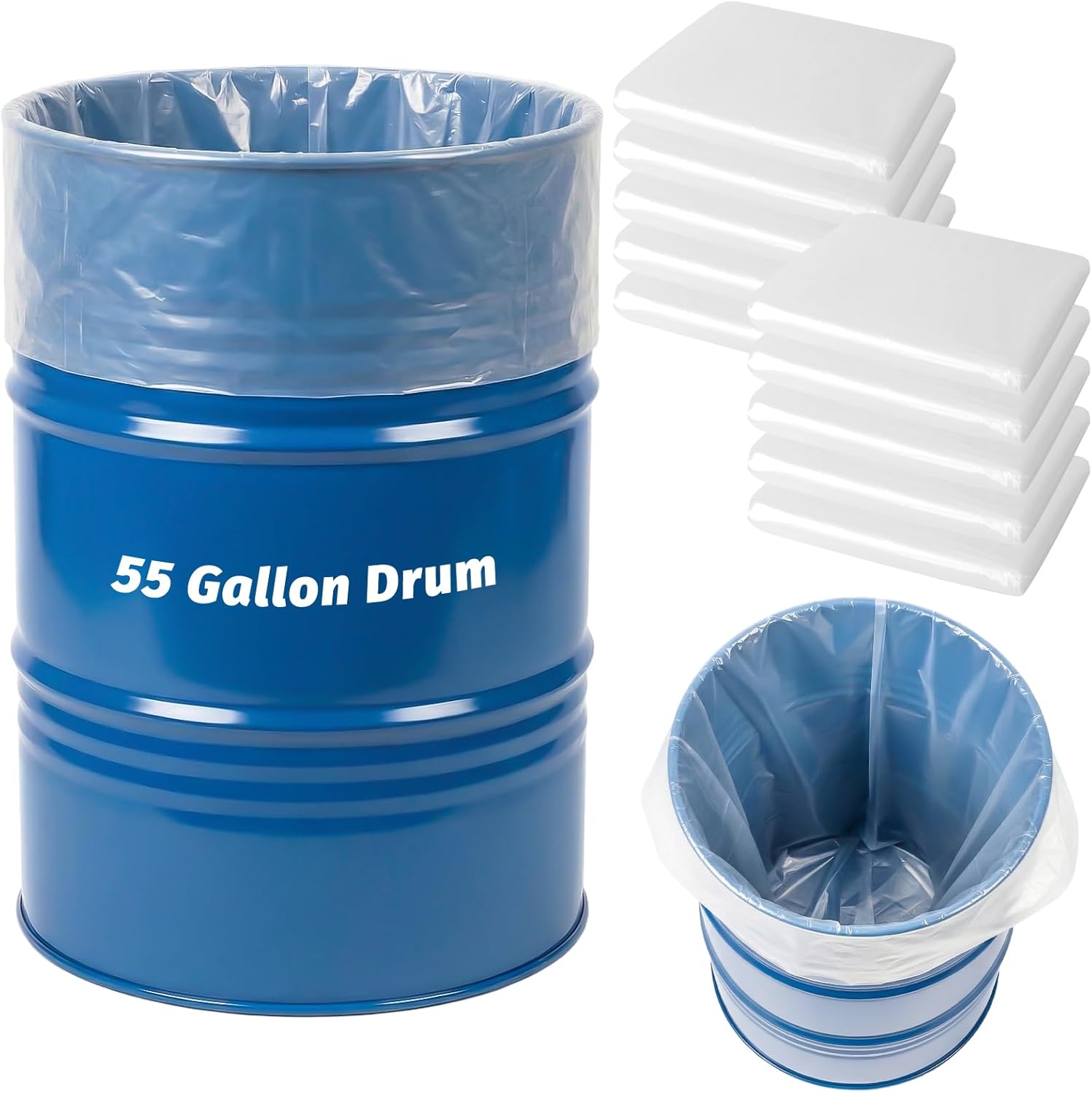55 Gallon Clear Plastic Drum Liners, 10 Pack Heavy Duty Poly Pail Liner Bags, Large Food Grade Storage Bags for Food Storage, Vegetable Marinating and Brining