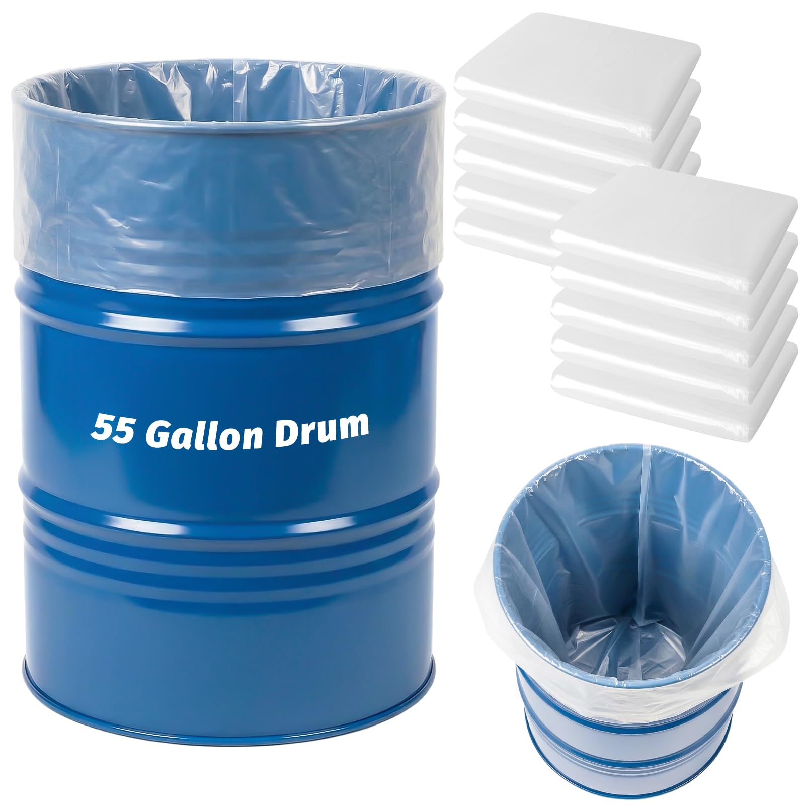 55 Gallon Clear Plastic Drum Liners, 10 Pack Heavy Duty Poly Pail Liner Bags, Large Food Grade Storage Bags for Food Storage, Vegetable Marinating and Brining (55 Gallon 10 Pack)