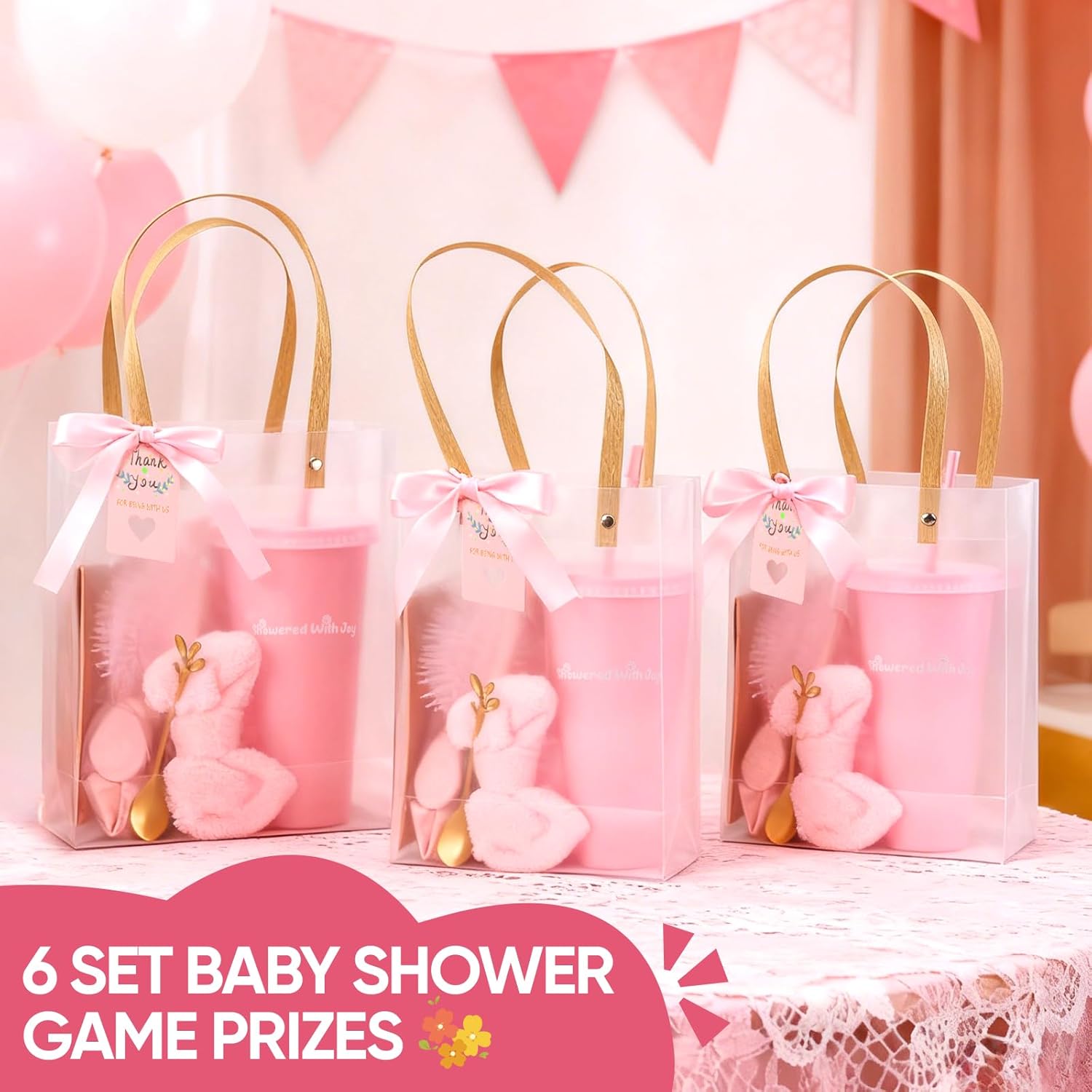 115 Pcs Baby Shower Favors for Guests Gifts Baby Shower Prizes for Game Winners Include Plastic Tumbler Spoon Headband HairBrush Eye Mask Hair Tie Claw Makeup Brushes Gift Bag (Pink)
