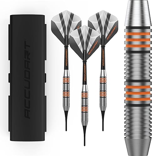Accudart Soft Tip Dart Set 2.0 - Barril con acabado de acero inoxidable - Ranuras radiales - Ejes de policarbonato - Vuelos de forma estándar - Accudart Soft Tip Dart Set 2.0 - Barril con acabado de acero inoxidable - Ranuras radiales - Ejes de policarbonato - Vuelos de forma estándar -