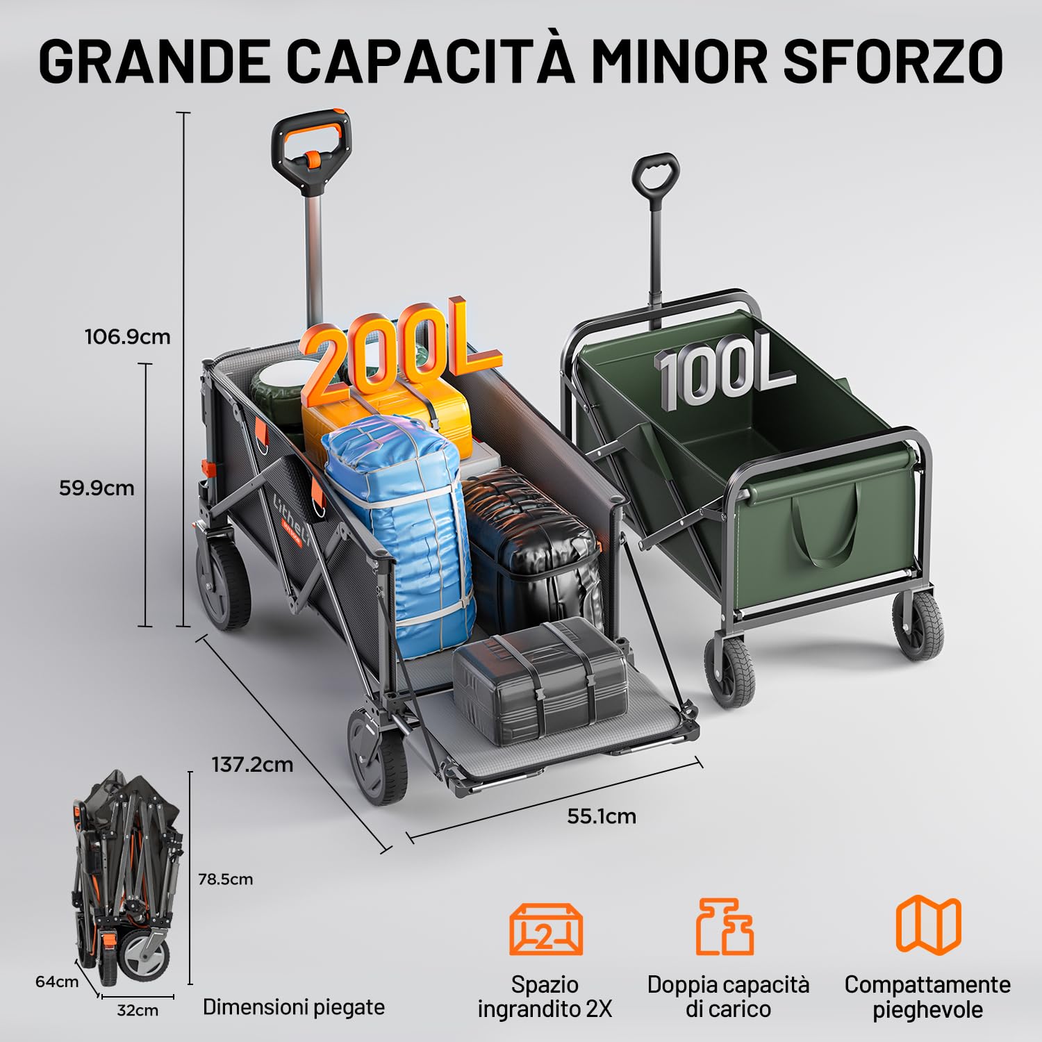 Litheli Carrello elettrico pieghevole, pieghevole, con freni, portata 200 l, 60 kg, adatto per campeggio, giardino, shopping (nero, 1 batteria)