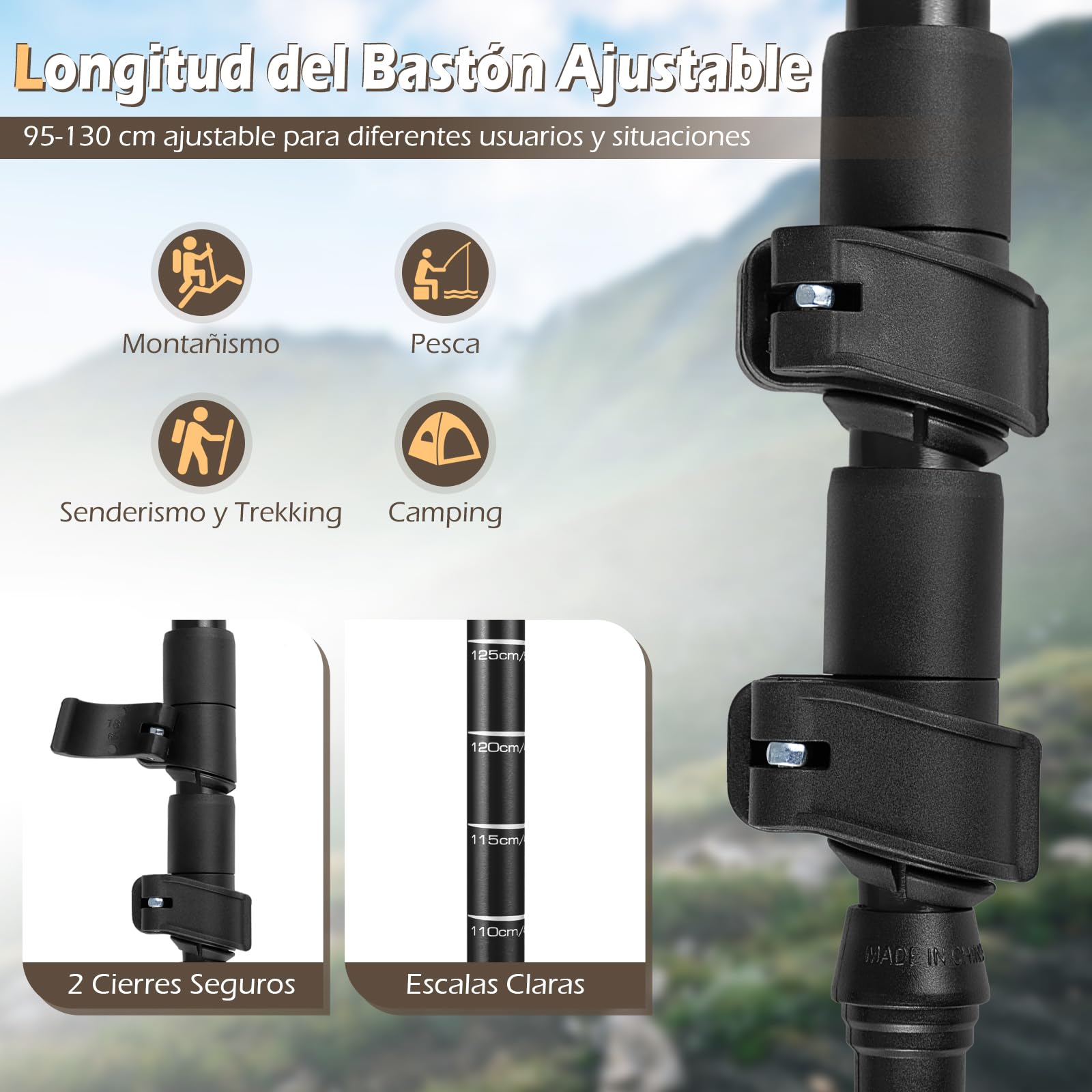 COSTWAY Bastones de Trekking de Aluminio, Bastones Marcha Nordica Plegables Ajustar la Longitud, Par de 2 con Empuñaduras de EVA y Corcho Natural, Bloqueo Rápido, Accesorios para Todo Terreno