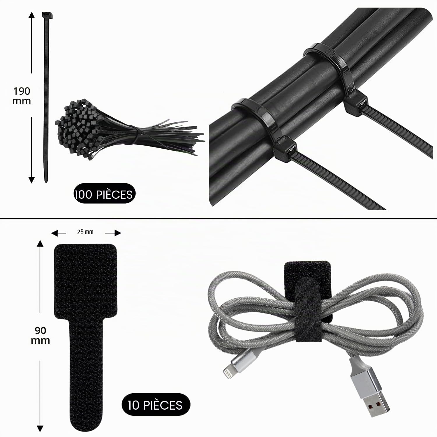 SOULWIT 200 Pièces Kit de Gestion des Câbles, 4 Manchon de Câble Gaine, 3 Clips Câble Organisateur Bureau, 10+2 Attache Câble Organisateur Rallonge, 15 Clips Câbles Adhésifs, 100 Serre Câbles