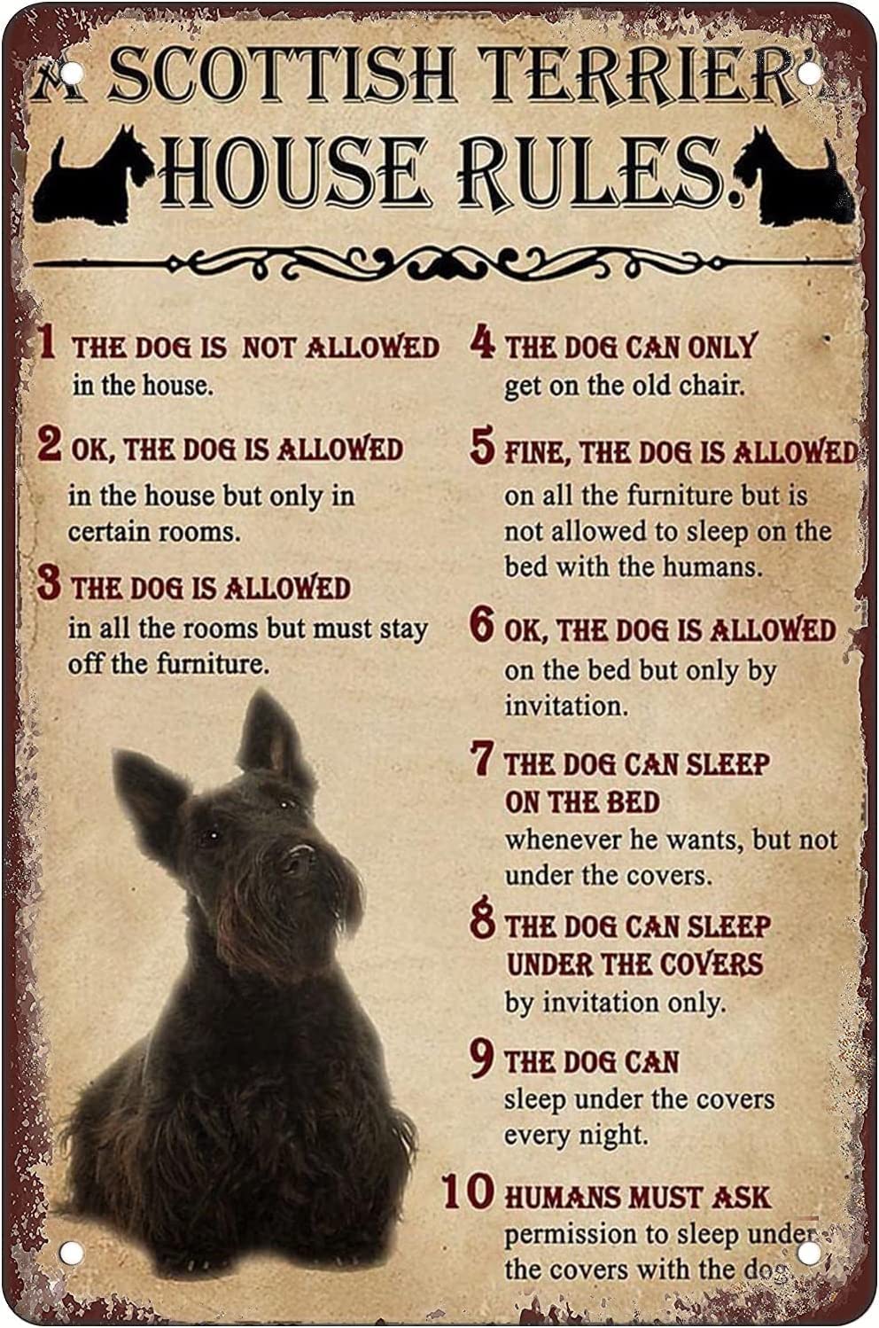 peiyeety A Scottish Terrier's House Rules Metal Tin Sign Funny Novelty Metal Sign Retro Wall Decor For Home Gate Garden Bars Restaurants Cafes Office Store Pubs Club Sign Gift 8"x12"