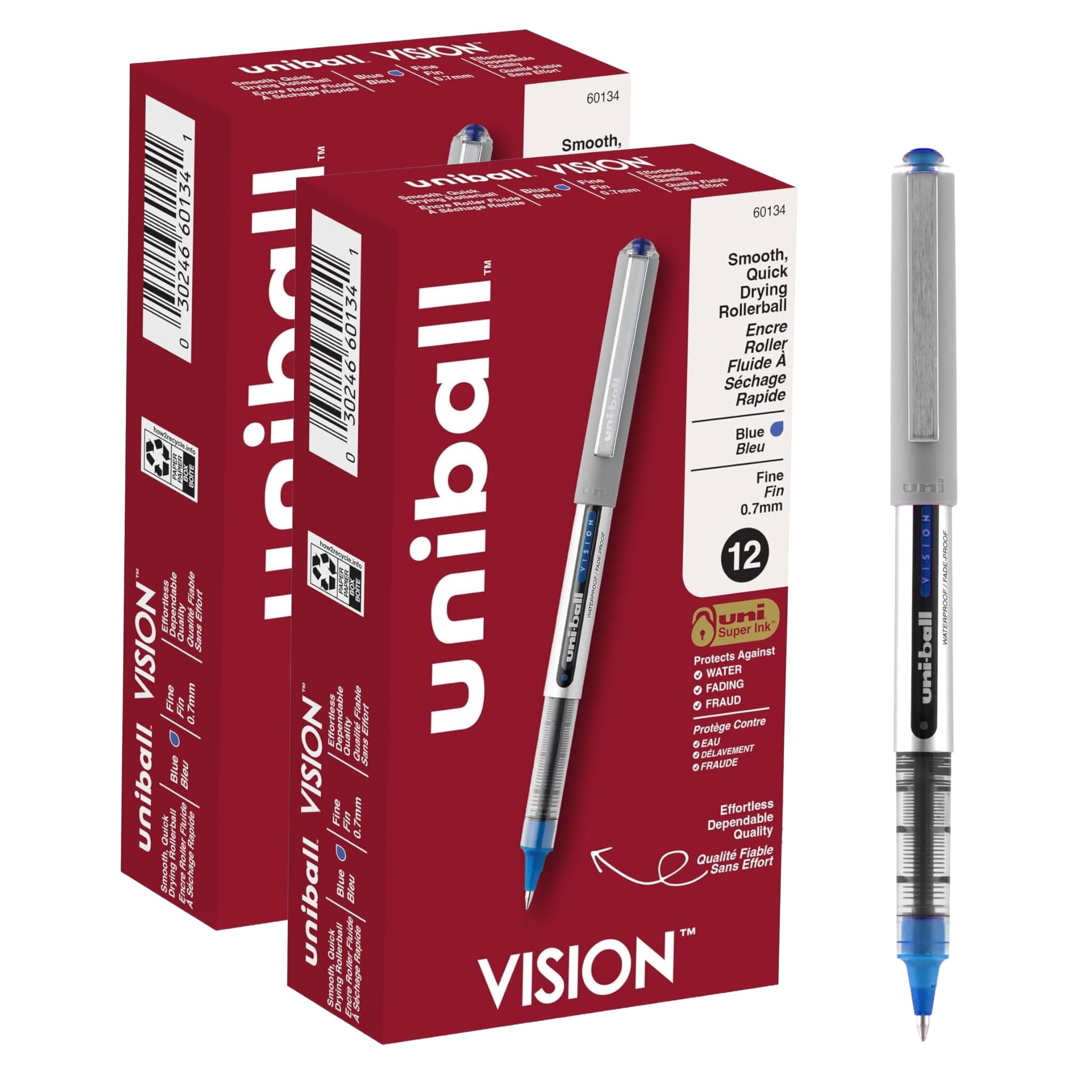 Uni-Ball uniball Vision Rollerball Pens with 0.7mm Fine Point,Blue,(Pack of 24)