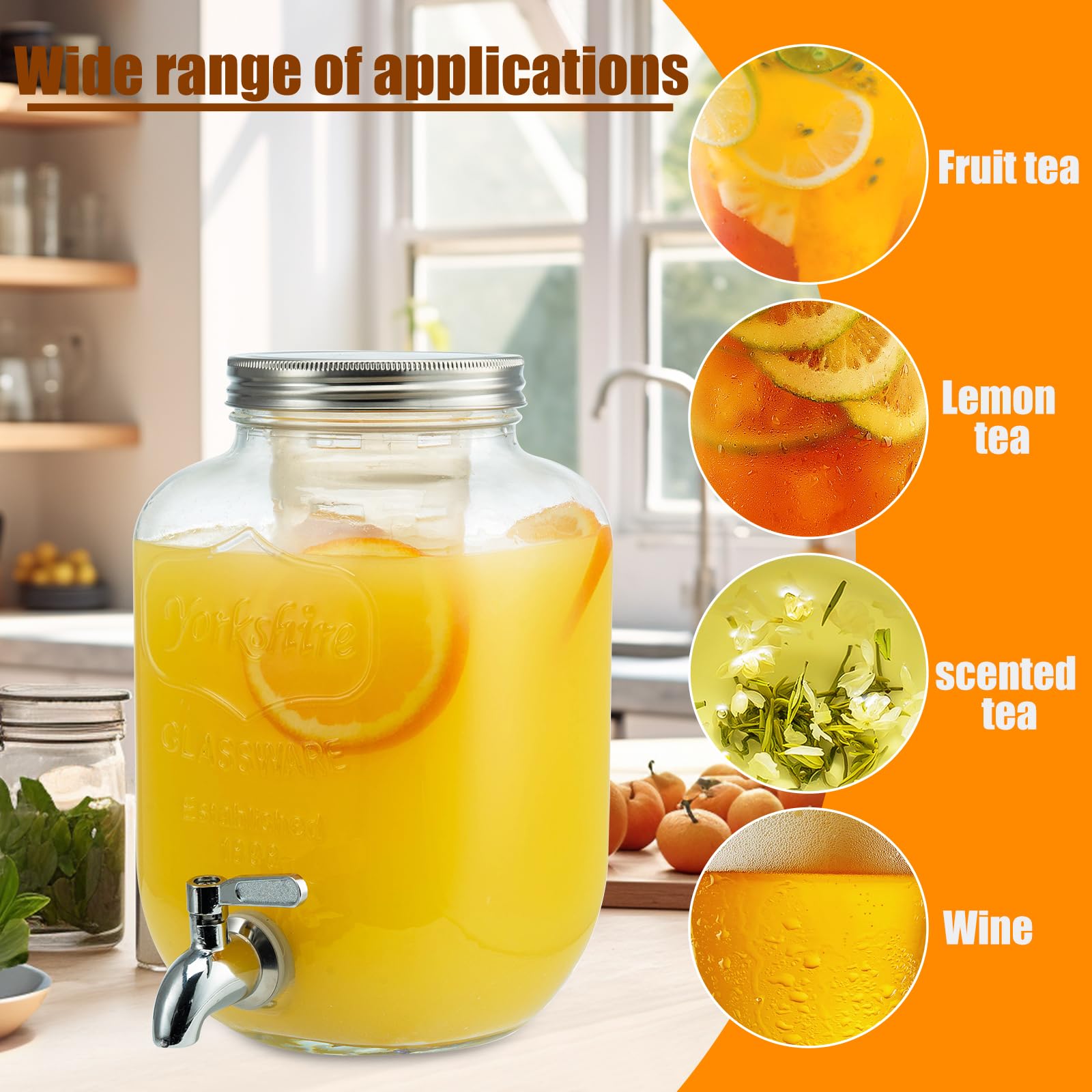 Dispensadores de bebidas de vidrio de 1 galón para fiestas, dispensador de bebidas con soporte, cilindro de hielo y espiga de acero inoxidable, 100% a prueba de fugas, dispensador de bebidas para