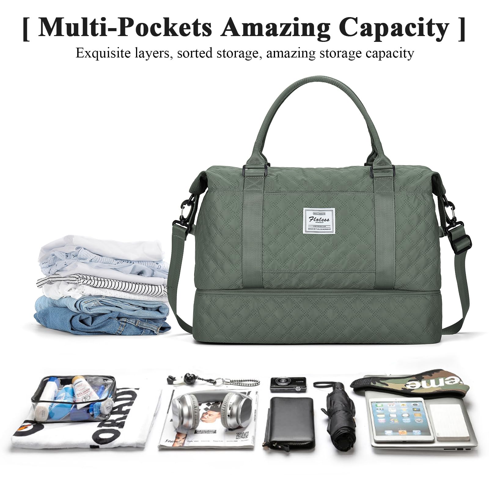 Borsone da Viaggio Donna, Bagaglio a Mano Borsa da Viaggio con Scomparto per le Scarpe, Borsa Sportiva Borsone da Palestra Grande, Borsa da Weekend, Borsa per Ospedale,H8-Verde militare