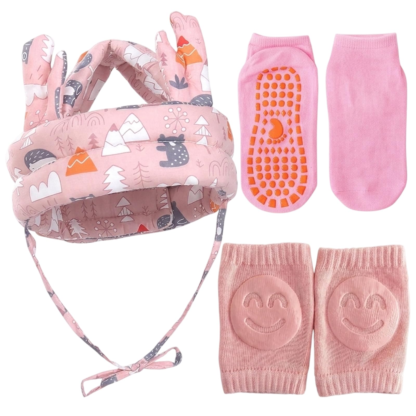 3PCS 360 degrees Anti-Collision Helmet set with Soft Padding, Adjustable & Breathable Head Protection Lightweight Design for Comfort, Pink Knee Pads for Crawling And non-slip socks for Active Play