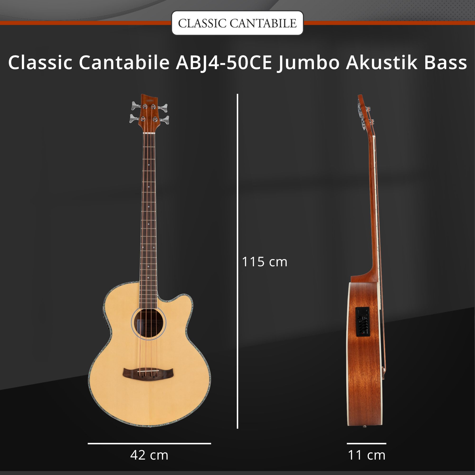 Classic Cantabile ABJ4-50CE-NT Bajo Acústico Jumbo Natural, General | Modelo: ABJ4-50CE-NT, Peso: 2, 3 kg, Número de cuerdas: 4, Orientación: Diestros, Cuerpo, Forma del cuerpo: Jumbo con Cutaway
